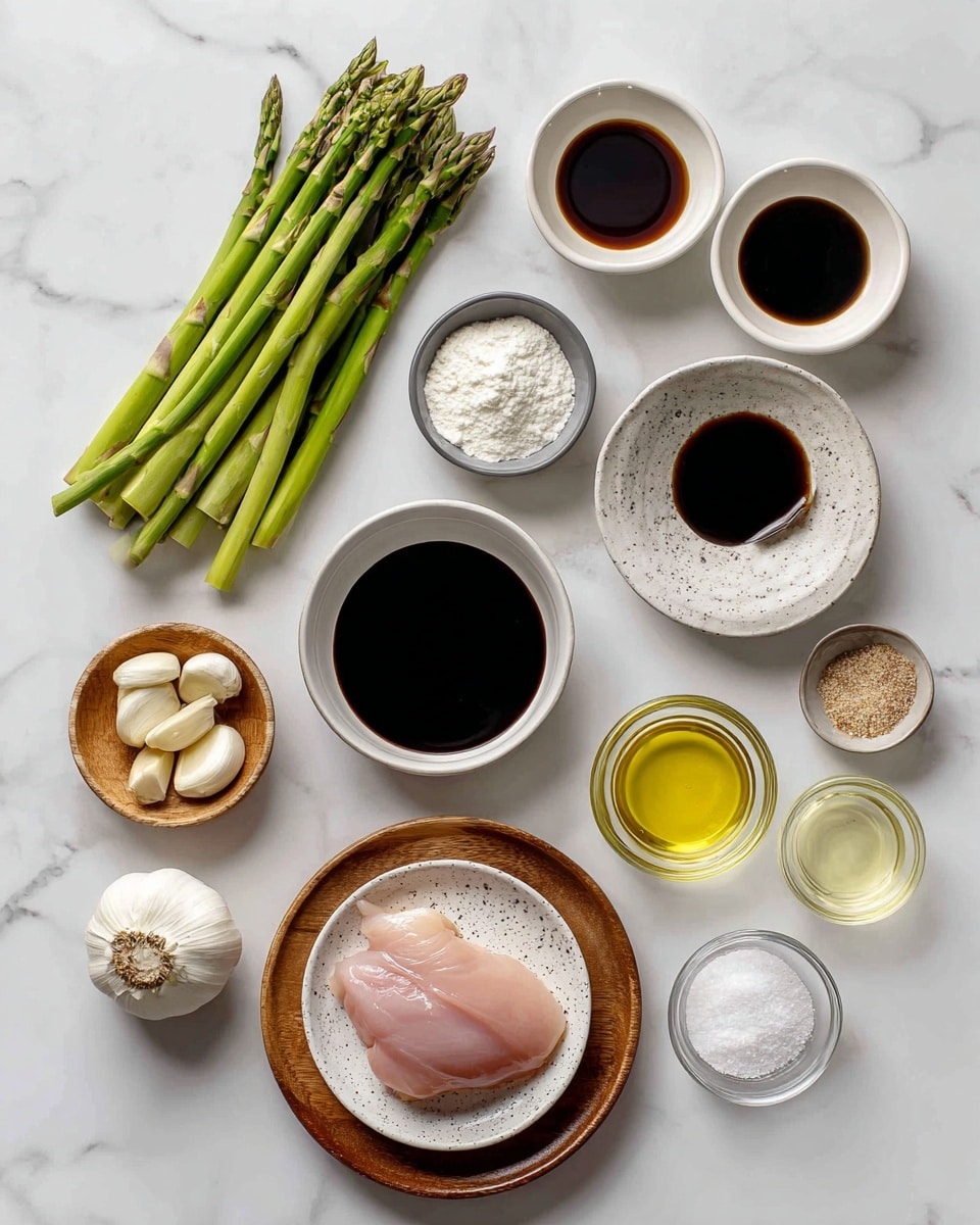 The image shows an arrangement of cooking ingredients on a white marbled surface, each in small white bowls and plates or on a wooden plate. There are fresh green asparagus spears on the top left. To their right, three small white bowls hold dark soy sauce, light soy sauce, and oyster sauce, each a thick dark liquid of varying shades. Below these, a white speckled bowl contains a single piece of raw pink chicken. To the left, on a small wooden plate, lie three garlic cloves and half a white onion. Around these are smaller clear glass and white bowls with different powders and liquids: cornstarch as a white powder, oil and sesame oil with a pale yellow color, baking soda as a white powder, and salt. All items are neatly placed, creating a clean and organized look. Photo taken with an iphone --ar 4:5 --v 7