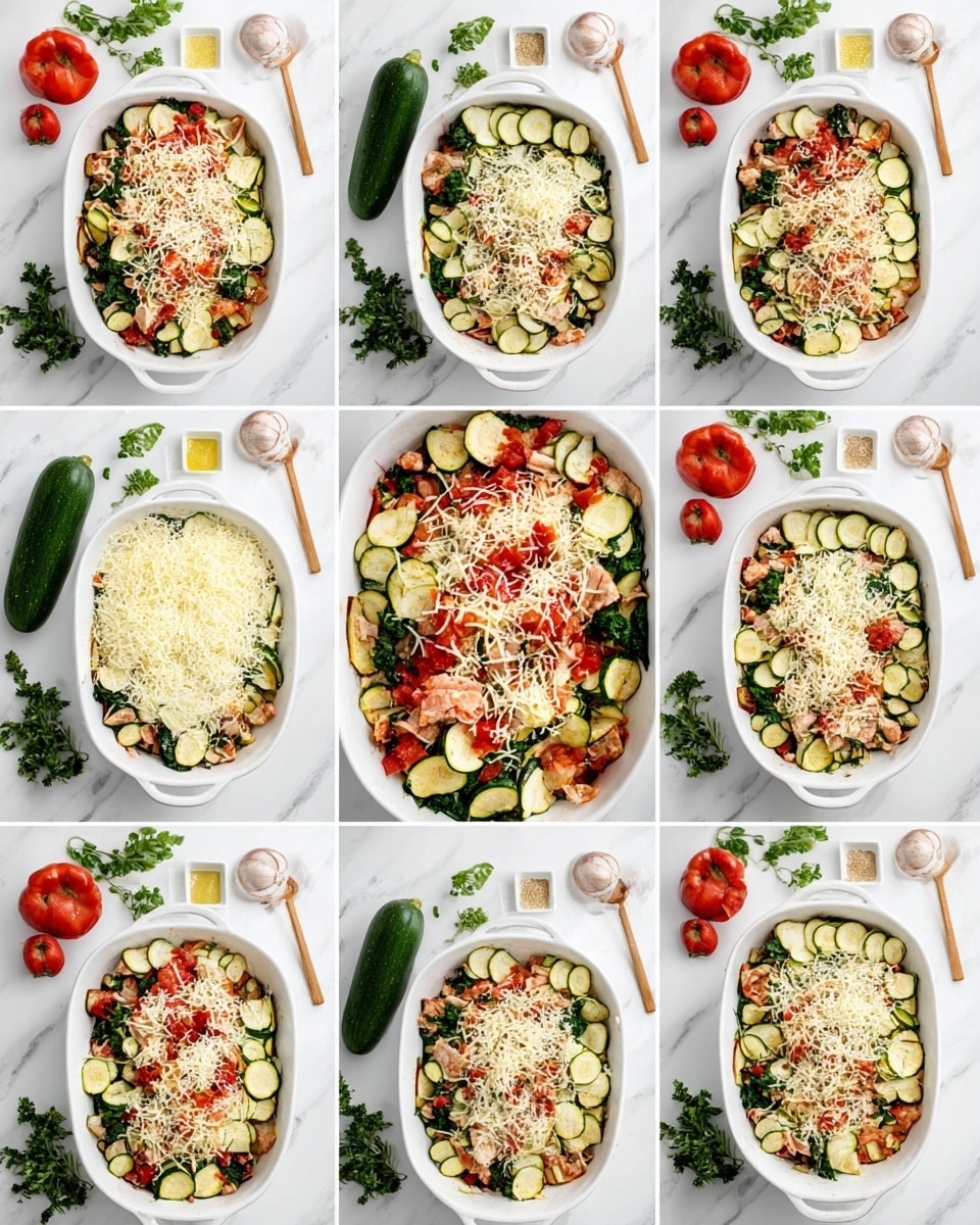 A white rectangular baking dish is filled with a layered vegetable casserole on a white marbled surface. The first layer shows sliced green zucchini and chopped red tomatoes mixed with fresh green spinach leaves and pieces of light pink chicken. Next, a drizzle of light yellow oil is poured over the top, followed by a sprinkle of white grated cheese and various seasonings in small white square dishes around the baking dish. The vegetables are gently mixed together, creating a colorful mix of green, red, and pink. Then, a thick layer of shredded white cheese covers the vegetables evenly. The dish is baked until the edges of the vegetables slightly brown and the cheese melts and turns golden with a few darker spots. The final image shows the cooked casserole with the melted cheese bubble on top, bright zucchini slices, red tomatoes, and green spinach visible. The whole setup is placed on a white marbled background surrounded by fresh zucchini, garlic, shallot, and parsley photo taken with an iphone --ar 4:5 --v 7