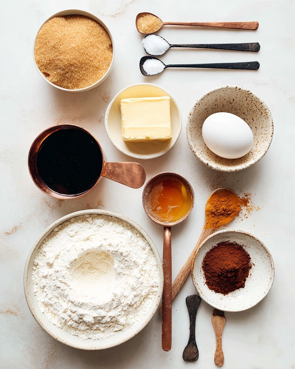 The image shows a top view of baking ingredients arranged neatly on a white marbled surface. At the center bottom, there is a round bowl filled with white flour with a small depression in the middle. To the right of the flour, there is a round bowl holding a pale yellow block of butter, and above it, a small white bowl contains a whole white egg. To the upper right, there is a speckled white bowl filled with light brown powder. Near the center, a small white bowl holds a thick dark syrup with some drips on the rim. On the left side, there is a copper measuring cup filled with light brown sugar. Above this setup, four spoons lie horizontally in a line, each with different contents: white coarse salt in a black spoon, dark brown spice in a white spoon, white powder in a copper spoon, and a fine orange powder on a wooden spoon with a brown handle. A small white ceramic spoon with amber liquid rests above the bowls on the right. photo taken with an iphone --ar 4:5 --v 7