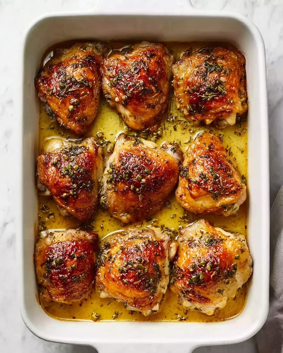The image shows a white rectangular baking dish filled with eight golden-brown baked chicken thighs arranged in two rows of four. Each piece has a crispy, browned skin with herbs and small green seasoning pieces scattered on top. The chicken is sitting in a light yellow sauce that pools around the bottom of the dish. The baking dish is placed on a white marbled surface. photo taken with an iphone --ar 4:5 --v 7