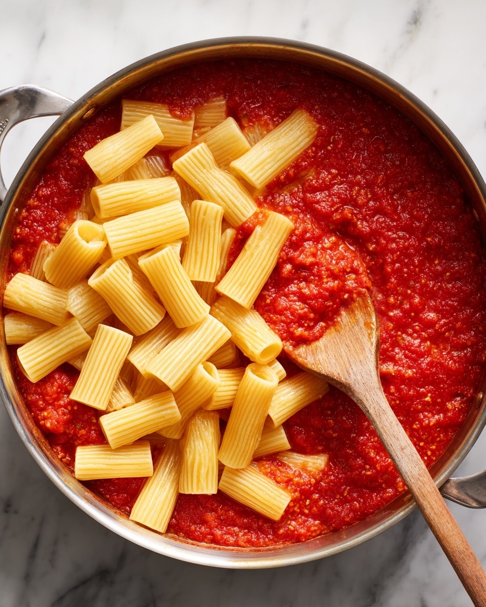 A metal pan sits on a white marbled surface filled with two layers: the bottom layer is bright red, chunky tomato sauce with visible small bits and a thick texture, while the top layer has pale yellow rigatoni pasta tubes arranged on top, showing their hollow centers and ridged sides. A wooden spoon coated with some tomato sauce rests inside the pan, partially buried under the pasta. Steam rises slightly from the pan, giving a sense of warmth. photo taken with an iphone --ar 4:5 --v 7