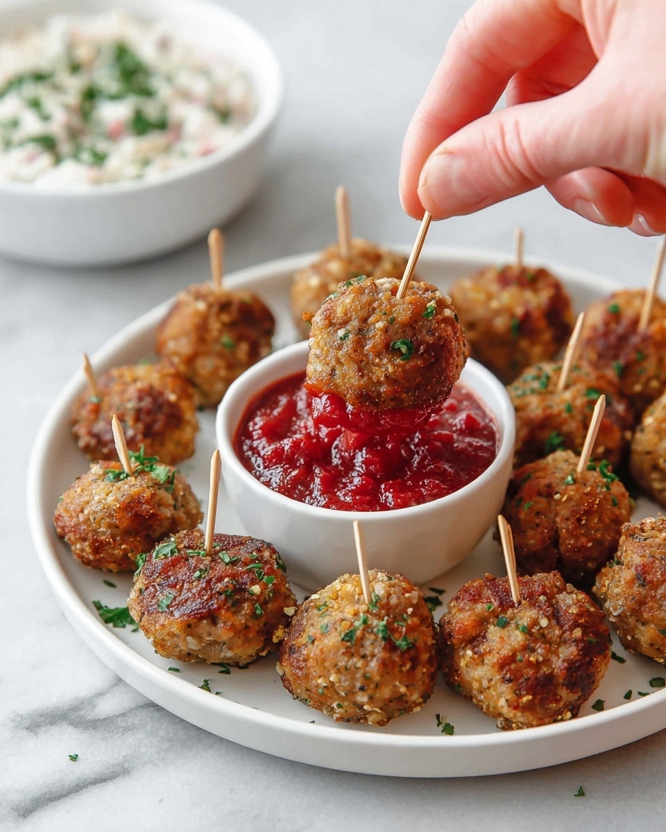 The image shows a white plate with many round, brown appetizers sprinkled with green herbs, each pierced with a toothpick. In the center of the plate, there is a small white bowl filled with chunky, bright red sauce. A woman's hand is holding one appetizer with a toothpick, dipping it into the red sauce. In the background, there is a blurred white bowl with a creamy white sauce and green herb pieces on a white marbled surface. The brown appetizers have a slightly rough texture, and the red sauce looks thick with visible chunks. photo taken with an iphone --ar 4:5 --v 7