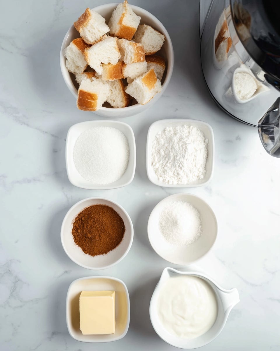 The image shows six small white dishes and one larger white bowl arranged neatly on a white marbled surface. The large bowl at the top contains irregular pieces of white bread with light golden crusts. Below it, in two rows, are two white square bowls filled with a fine white powder and granulated white sugar. Below these are two round white bowls, one filled with ground cinnamon showing a rich brown color, and the other with a white liquid, possibly milk. At the bottom, there is a small round white bowl holding a square piece of pale yellow butter, and next to it a white measuring cup filled with a thick white ingredient, likely sour cream. On the right edge, part of a shiny metal appliance is visible, reflecting the setup. Photo taken with an iphone --ar 4:5 --v 7