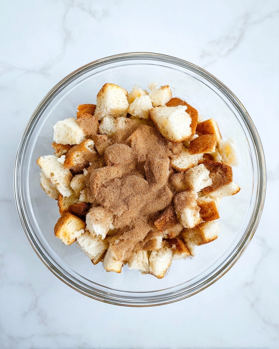 A clear glass bowl sits on a white marbled surface, filled with two main layers. The bottom layer consists of small, uneven pieces of white bread with golden brown toasted edges. On top of the bread pieces is a generous layer of light brown cinnamon sugar powder, covering much of the bread underneath. The overall look is a mix of soft white bread tones with warm brown sprinkled sugar, focused in the center of the bowl. Photo taken with an iphone --ar 4:5 --v 7