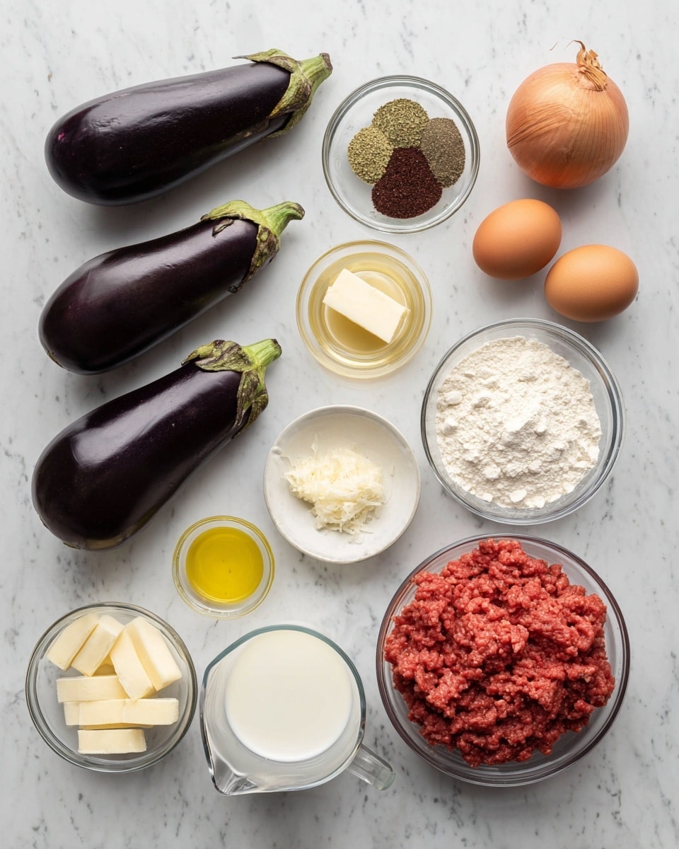 The image shows various ingredients arranged neatly on a white marbled surface. From left to right, there are three dark purple eggplants, a small glass bowl with green and brown dried herbs and spices, a bowl with dark brown powder, two brown eggs, two garlic cloves, a small white bowl with four small sticks of butter, a small glass container with yellow oil, a small glass bowl of white flour, a small glass bowl of grated cheese, a clear measuring cup filled with white milk, a whole brown onion, a small glass bowl with salt and pepper, a larger glass bowl of red ground meat, and a glass bowl of chopped red tomatoes in sauce. photo taken with an iphone --ar 4:5 --v 7