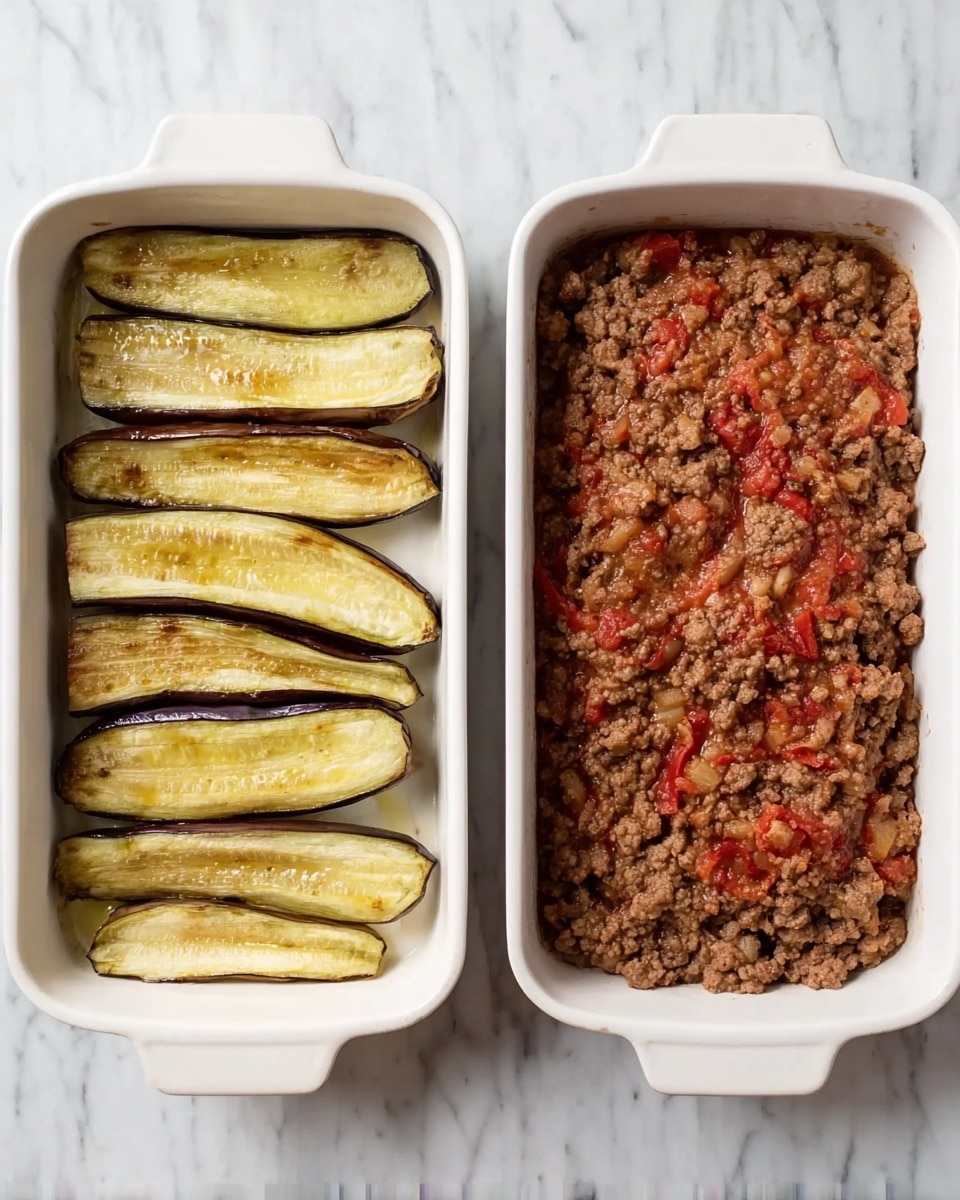 The image shows two white ceramic baking dishes placed on a white marbled surface. In the left dish, there are seven long, pale yellow slices of cooked eggplant with slightly browned edges, arranged side by side and filling the dish. The right dish contains a single thick, even layer of cooked ground meat mixed with small pieces of red tomato, spread evenly to cover the bottom of the dish. photo taken with an iphone --ar 4:5 --v 7