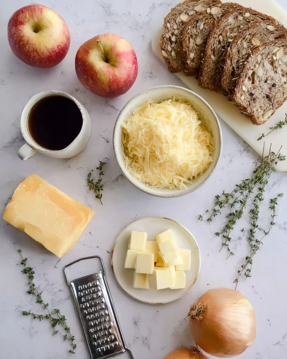 The image shows a top view of different ingredients placed on a white marbled surface. There are two apples, one red with yellow tones and one mostly pale yellow, placed on the left side. A small cup filled with dark brown liquid is near the bottom left, and next to it a white bowl filled with shredded pale yellow cheese sits in the center. Below the bowl, there is a small white plate holding pale yellow butter squares, and a cheese grater with some grated cheese rests beside it. Thin slices of brown bread with visible grains are arranged on a white cutting board at the top right. There are two whole onions with light brown layers and fresh green thyme sprigs scattered around, completing the composition. Photo taken with an iphone --ar 4:5 --v 7