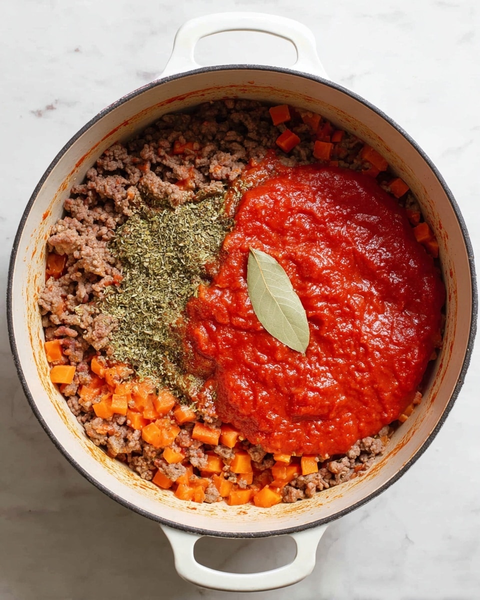 A white pot filled with a mix of cooked brown ground meat and small diced orange carrots, topped with a layer of bright red tomato sauce covering about half of the surface. There is a small dollop of thicker tomato paste near the bottom center, and a single bay leaf along with some green dried herbs scattered on top of the meat and carrot mix under the sauce. The pot is placed on a white marbled surface. photo taken with an iphone --ar 4:5 --v 7