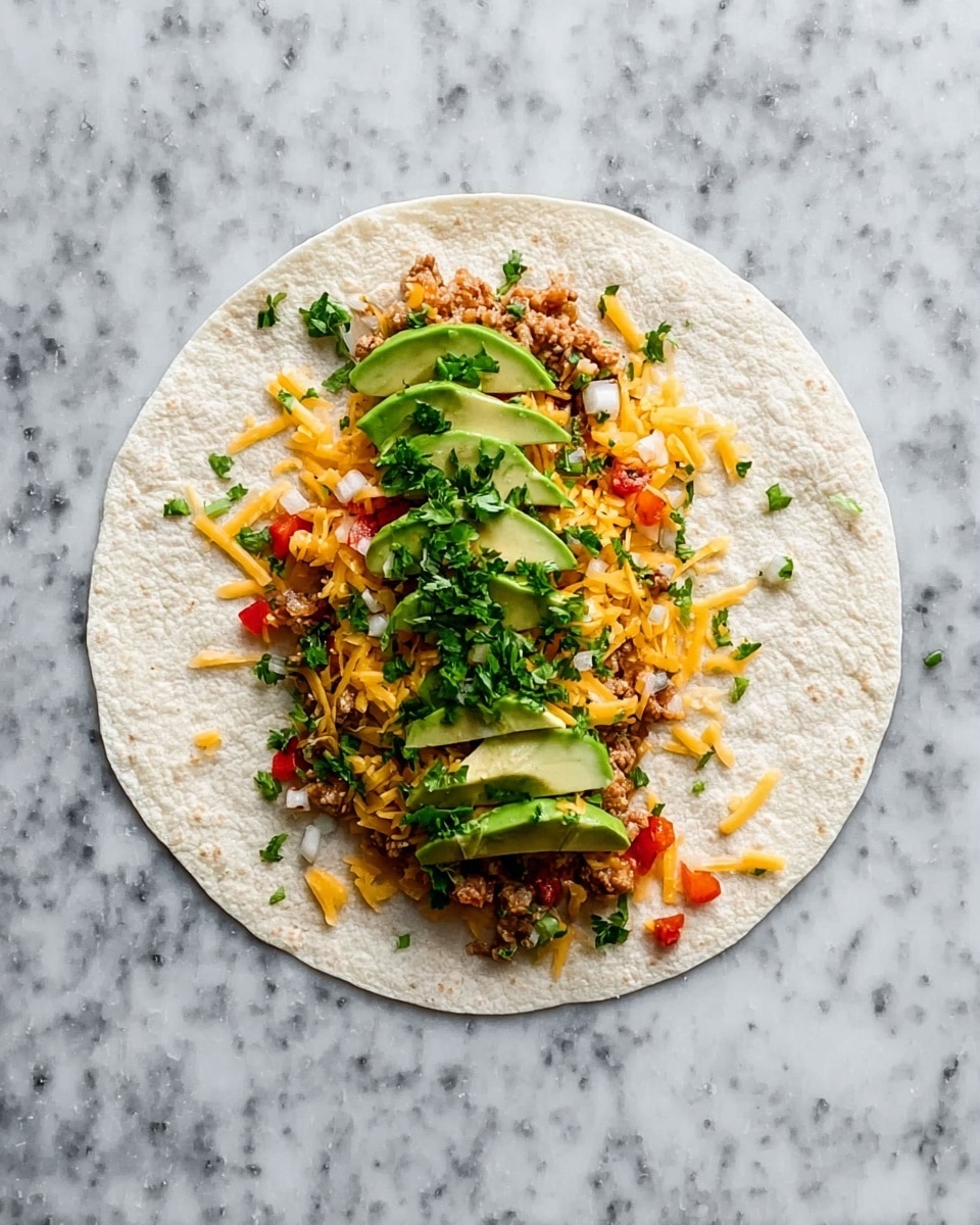 An open soft white tortilla lays flat on a white marbled surface. The wrap is layered with shredded yellow cheddar cheese near the center, followed by a layer of cooked brown meat mixed with small bits of orange and green vegetables. On top of this, there are slices of bright green avocado arranged neatly in a row. The wrap is garnished with a sprinkle of chopped fresh green cilantro and small pieces of red and white diced vegetables, giving a fresh and colorful look. photo taken with an iphone --ar 4:5 --v 7