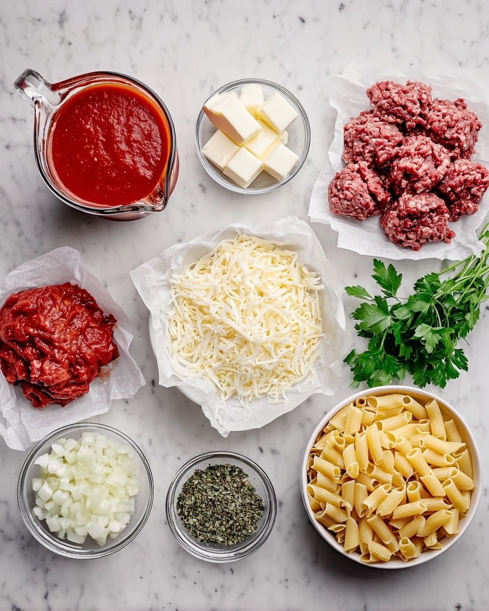 On a white marbled surface, there are eleven bowls and piles arranged neatly. Starting from the left, there is a glass jug filled with thick red tomato sauce, next to a small bowl of minced garlic that looks white and crumbly, then a bowl with white cubes of butter, followed by a marbled bowl with white salt crystals. Below these are two piles of raw meat: one darker and coarser on white parchment paper, and the other more finely ground and red, also on white parchment paper. In the center is a large bowl full of shredded white cheese. Below it, there is a smaller bowl with diced white onions. To the right are three smaller bowls: one contains mixed dried green herbs, another with more red tomato sauce in a glass bowl, and finally, a large white bowl filled with dry, ridged yellow pasta. A small bunch of fresh green parsley leaves is placed towards the far right side. photo taken with an iphone --ar 4:5 --v 7