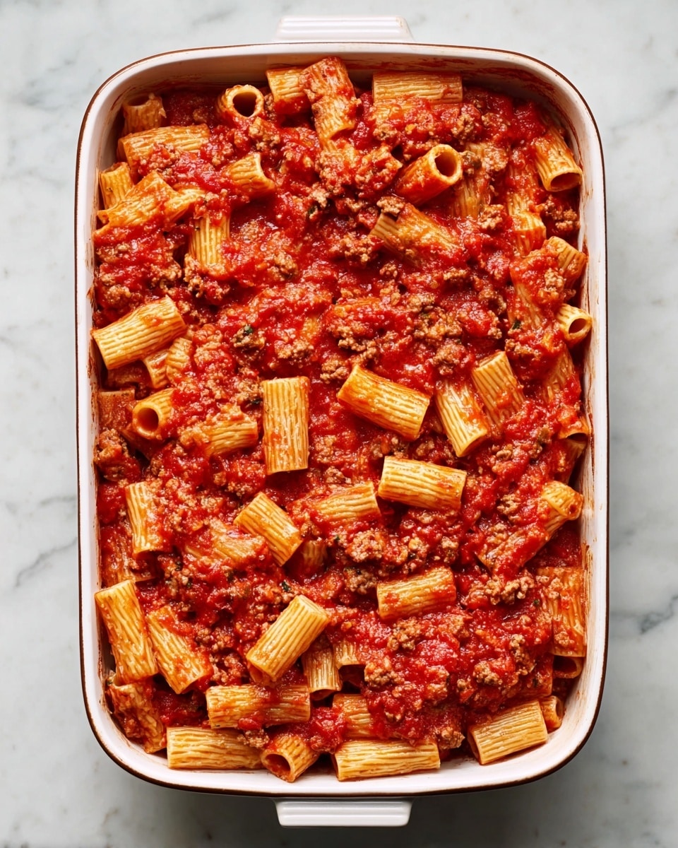 A white rectangular baking dish filled with short tube pasta mixed evenly with thick, chunky red tomato sauce and ground meat. The pasta has ridges and is well coated with sauce, showing a glossy texture. The dish sits on a white marbled surface, and the sauce looks rich with visible bits of meat and herbs spread throughout. The colors are mainly warm reds and light orange from the pasta, giving a hearty and comforting look. Photo taken with an iphone --ar 4:5 --v 7