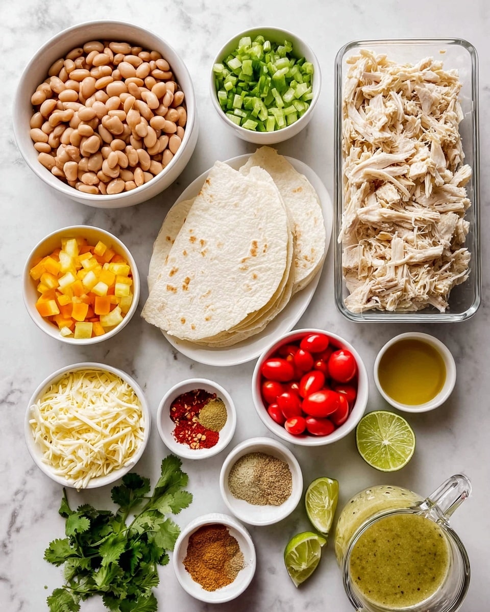 The image shows a white marbled surface with various white bowls and a glass container arranged neatly. There are cooked pinto beans in a white bowl at the top center, next to a white plate holding folded white tortillas. A rectangular glass container filled with shredded pale chicken sits on the right side. Around these, smaller white bowls contain green chopped scallions, yellow diced bell peppers, red halved cherry tomatoes, and white shredded cheese. A small white bowl holds four different spices in separate piles. A clear glass measuring cup filled with greenish sauce is at the bottom right. Near the center, a small glass bowl contains golden olive oil, and another bowl nearby holds lime wedges. Some cilantro leaves are scattered around on the white marbled surface. photo taken with an iphone --ar 4:5 --v 7