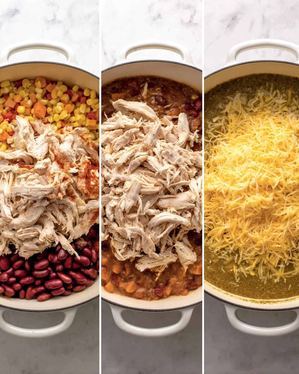 The image shows a white pot on a white marbled surface with three different stages of making a dish. In the first stage on the left, the pot contains a base of small diced yellow and orange vegetables, topped with shredded light-colored chicken organized in a loose pile in the center. In the middle stage, the shredded chicken remains on the same vegetable base, now with several added layers: dark red chili powder scattered over one side, red beans piling up on the upper left side, and a thick green sauce covering the upper right side. In the last stage on the right, the pot is fully covered with a layer of shredded light yellow cheese spread evenly on top of the mixed ingredients, creating a smooth and dense surface. Photo taken with an iphone --ar 4:5 --v 7