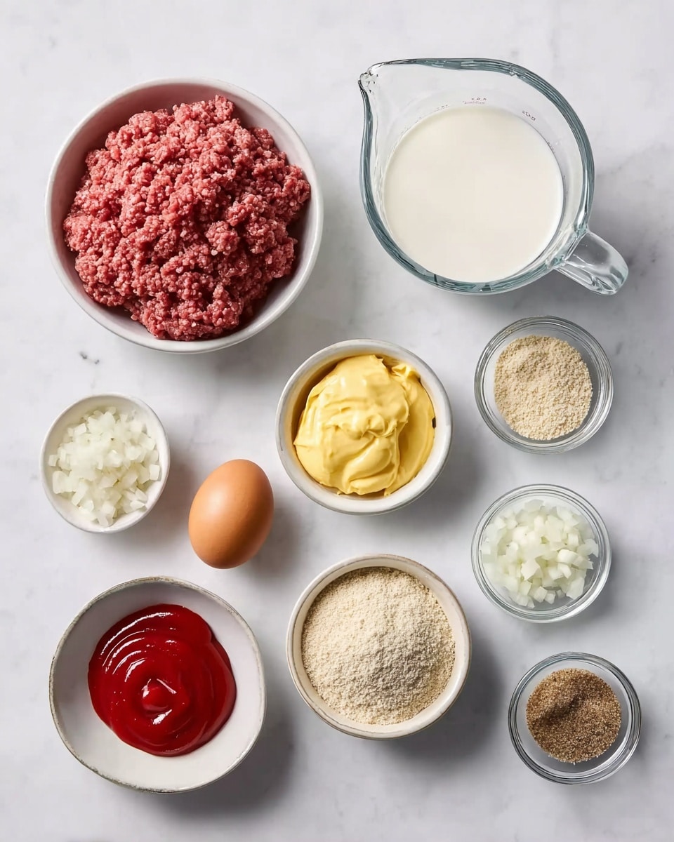 The image shows nine small bowls and a measuring cup arranged neatly on a white marbled surface. From top left to bottom right, the first bowl holds ground meat with a rough texture and reddish-pink color. To its right, a clear glass measuring cup is filled with white milk. Next to that, a small bowl contains a single brown egg. Below, a round white bowl has bright red ketchup spilling slightly. To the right of it, another small bowl holds smooth yellow mustard. Below the meat, a white bowl contains fine, pale yellow breadcrumbs. Beside this, a bowl is filled with chopped white onions. Next to that are two smaller bowls with brown sugar and a mix of black pepper, and the last bowl contains coarse white salt. The arrangement is clean and organized, set on a bright white marbled background. Photo taken with an iphone --ar 4:5 --v 7