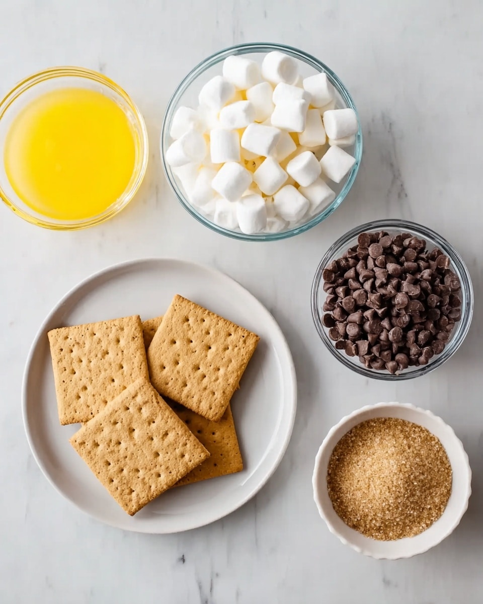 The image shows five separate glass and ceramic containers arranged on a white marbled surface. In the center, a white plate holds seven square light brown graham crackers stacked neatly with some overlapping. Above the plate are two clear glass bowls—one filled with small white marshmallows and the other filled with dark brown chocolate chips. To the left of the plate is a clear glass bowl containing yellow melted butter. On the right side, a small white ceramic bowl holds light brown packed brown sugar. The setup is clean and simple, emphasizing the colors and textures of the ingredients. photo taken with an iphone --ar 4:5 --v 7