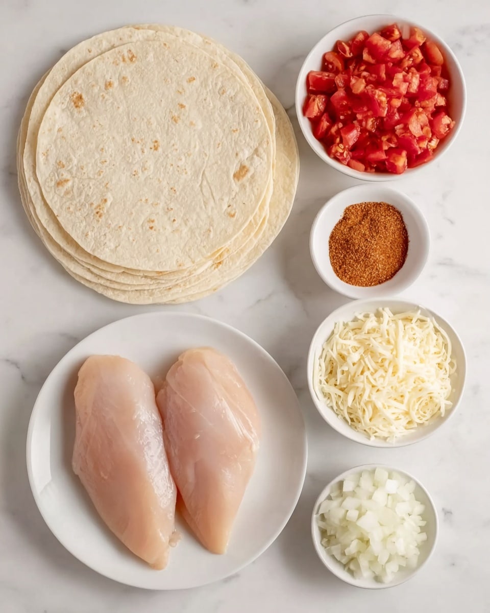 The image shows six items arranged on a white marbled surface. On the left, there is a stack of four soft, pale beige tortillas, with a plate holding two raw, smooth, light pink chicken breasts below them. On the right side, four small white bowls are arranged: the top bowl contains brown spice powder with a fine texture, below it is a bowl of chopped white onions, next to the chicken breasts is a bowl filled with red diced tomatoes with visible juice, and lastly, a bowl of shredded white cheese. All items are neatly placed and evenly spaced. photo taken with an iphone --ar 4:5 --v 7