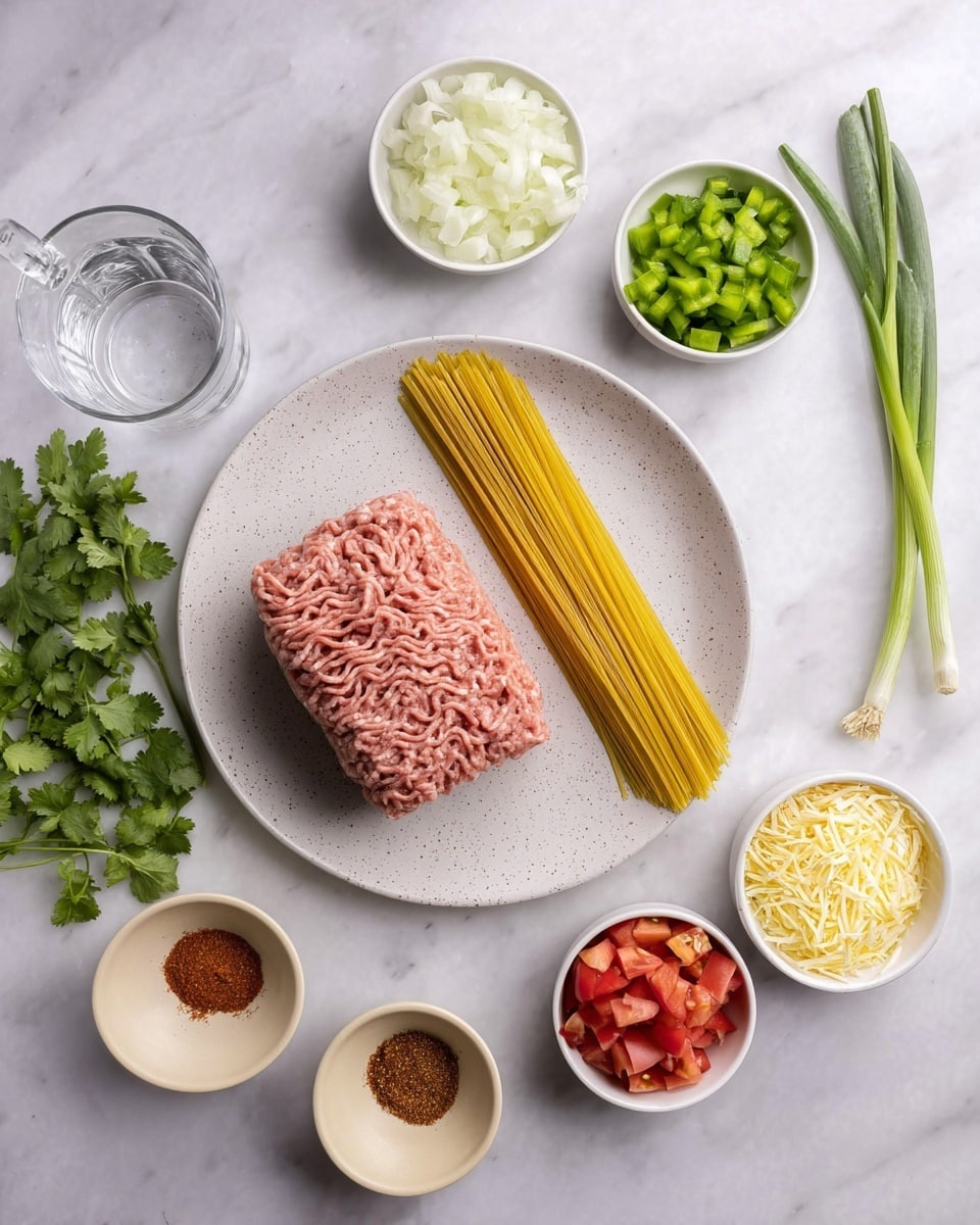 The image shows ingredients arranged neatly on a white marbled surface, including a speckled white plate with a rectangular block of raw pink ground meat in the center. To the right of the meat is a bundle of uncooked thin yellow spaghetti noodles laid straight in a row. Surrounding the plate are small white bowls filled with different items: chopped white onions at the top center, diced green bell peppers on the top right, shredded light yellow cheese on the bottom right, and diced red tomatoes mixed with peppers on the bottom left. There is also a small light beige bowl with reddish-brown seasoning near the spaghetti, a clear glass measuring cup filled with water in the bottom left corner, a bunch of green cilantro on the left side, and three green onions on the top right. Photo taken with an iphone --ar 4:5 --v 7