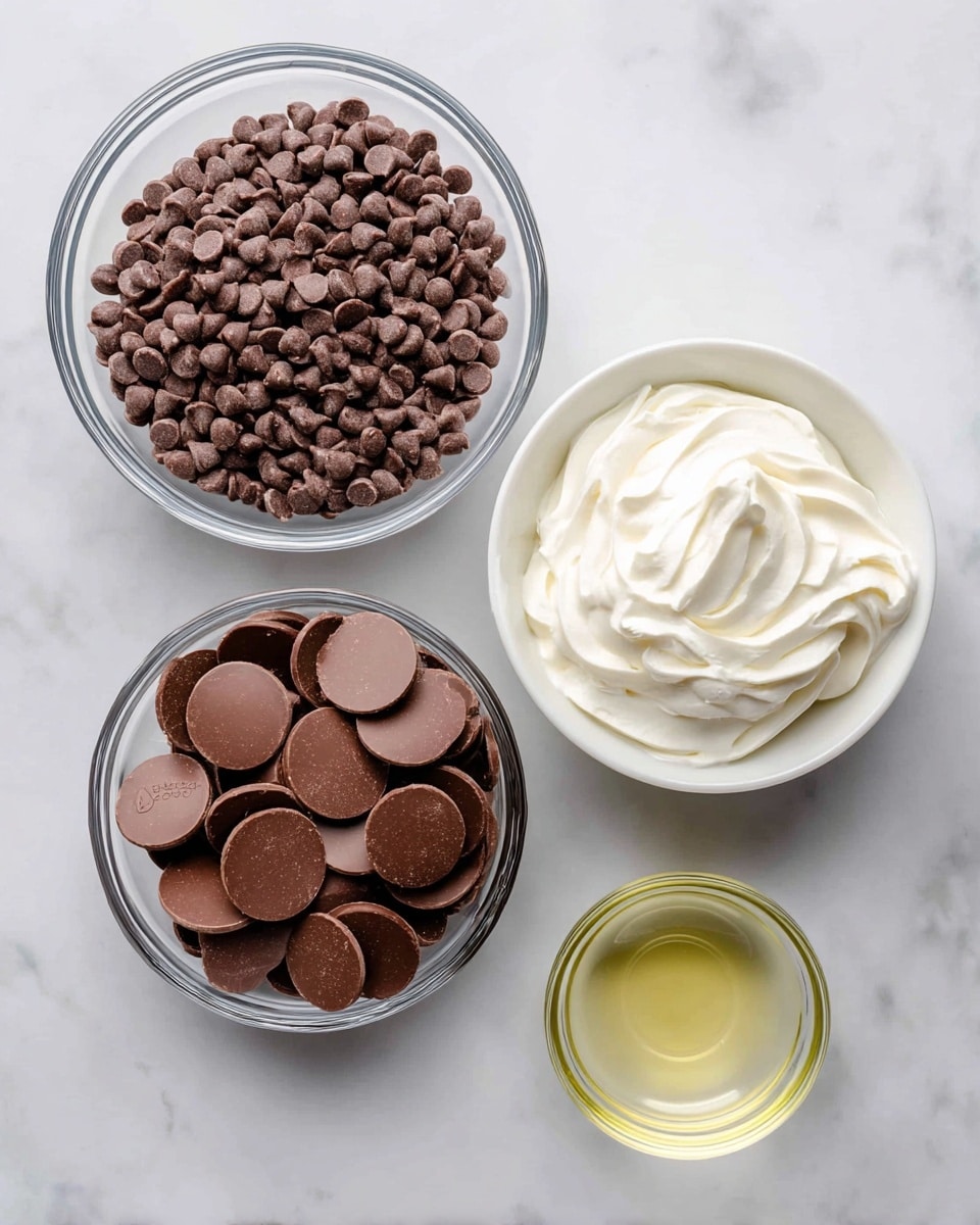 The image shows four clear glass bowls of different sizes on a white marbled surface. The largest bowl at the top left is filled with many small, round, brown chocolate chips. Below it to the left, there is a slightly smaller bowl filled with medium-sized flat round pieces of Ghirardelli chocolate, also brown. On the right side, at the same height as the Ghirardelli chocolate bowl, there is a white bowl filled with smooth, white whipped topping that has a swirled texture. Below the whipped topping bowl, to the right of the Ghirardelli chocolate, there is a small clear glass bowl holding a pale yellow liquid labeled as vegetable oil. Photo taken with an iphone --ar 4:5 --v 7
