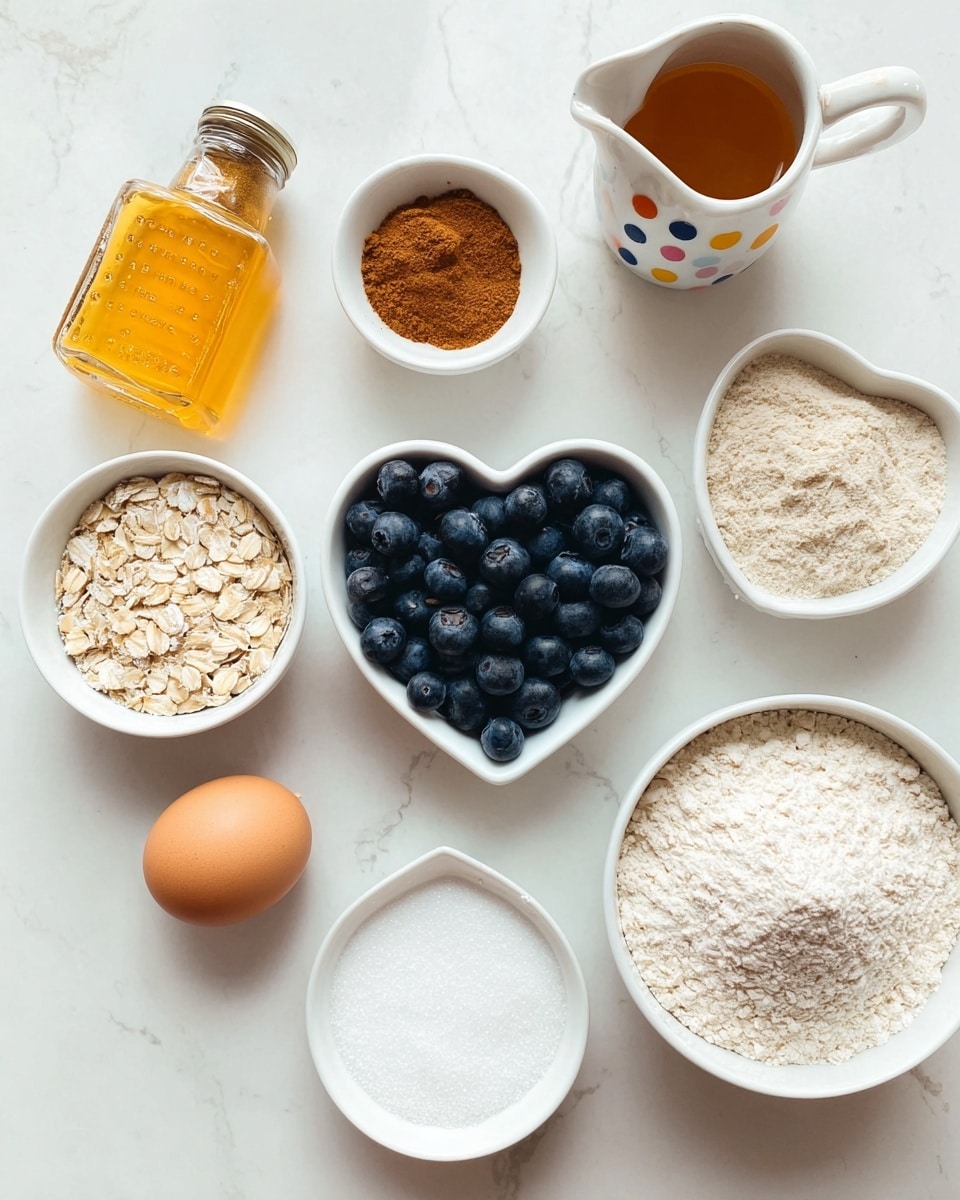 The image shows several cooking ingredients arranged on a white marbled surface. In the center, there is a small white bowl filled with fresh dark blue blueberries, surrounded by small white bowls containing light beige oats, a single brown egg, and an orange. There is a heart-shaped white dish with white powder, likely baking soda, and another small white bowl holding a similar white powder. On the left side, a clear plastic bottle of honey with a golden tint and a glass jar of light brown cinnamon powder stand together. On the right side, a white bowl is filled with white flour, and there is a small white ceramic pitcher with multicolored polka dots containing light brown liquid, possibly syrup or oil. The setup is clean, bright, and minimalistic. photo taken with an iphone --ar 4:5 --v 7