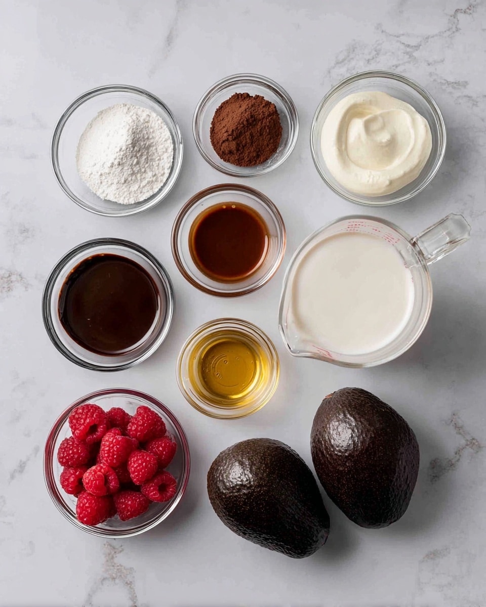 The image shows various ingredients arranged on a white marbled surface. There are eight small transparent glass bowls with different contents: one with white powder, one with creamy white liquid, one with dark brown cocoa powder, one with light brown liquid, one with thick dark chocolate sauce, one with golden syrup, one with fresh red raspberries, and one with light cream. Additionally, there is a clear measuring cup filled with white milk on the right side and two whole dark brown avocados below the bowls, placed side by side. The setup is clean and simple, highlighting each ingredient clearly, photo taken with an iphone --ar 4:5 --v 7