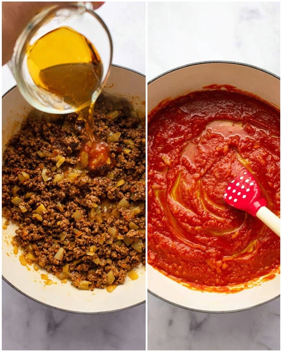 The image shows two stages of cooking in a white pot placed on a white marbled surface. On the left side, the pot contains cooked ground meat mixed with small pieces of onions, all dark brown with some golden bits. A clear liquid is being poured in from a glass measuring cup above, the woman's hand holding the cup is partly visible. On the right side, the same pot now has a thick layer of red sauce covering most of the brown meat mixture, with some sauce swirled on top and a red spatula with white dots stirring from the right edge. The red sauce contrasts with the darker meat and onion mix underneath. photo taken with an iphone --ar 4:5 --v 7