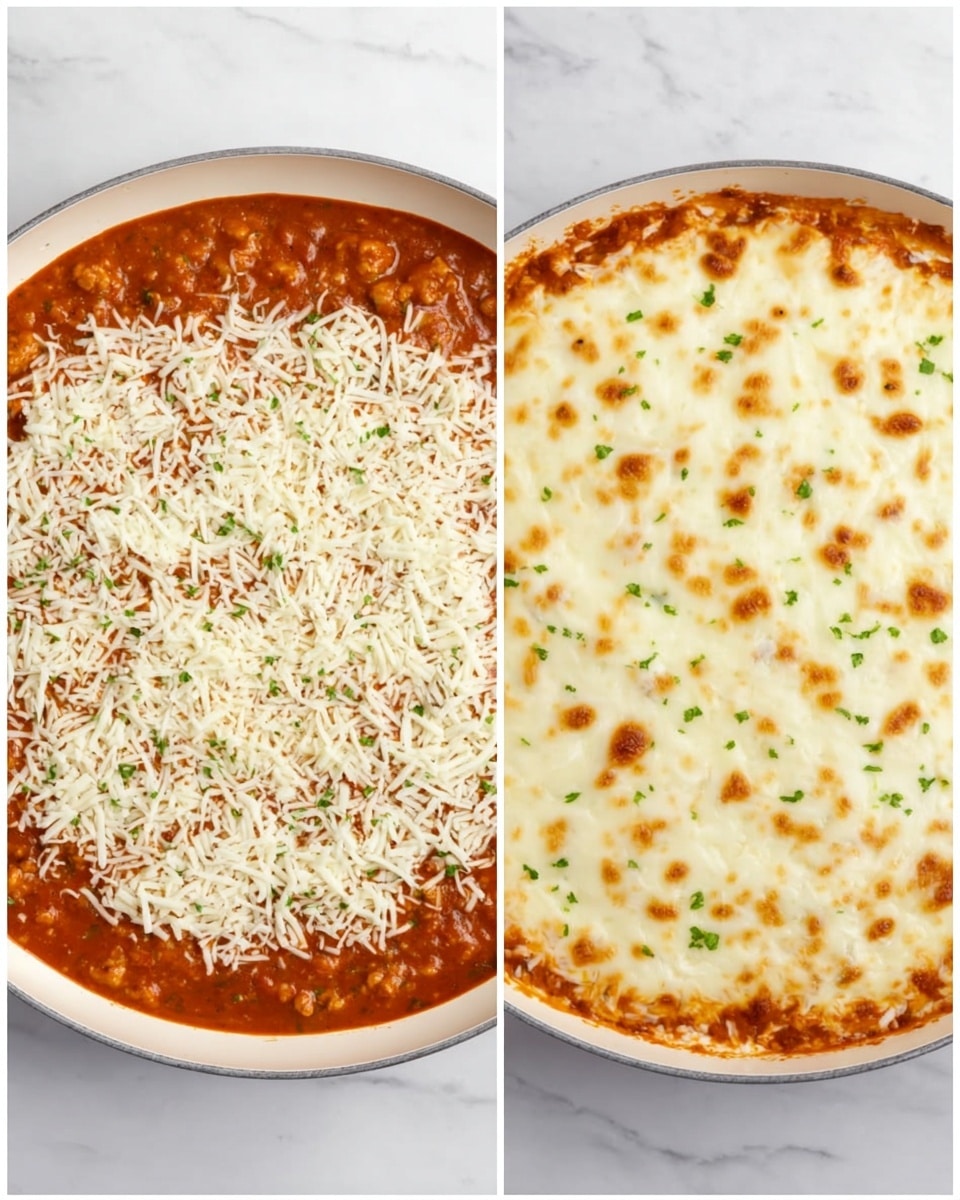 A round white pan holds a two-layer dish placed on a white marbled surface. The first layer is thick and rich orange-red sauce with visible small chunks, spread evenly inside the pan. The second layer is shredded white cheese, sprinkled generously to cover the sauce. The right image shows the baked version where the cheese has melted into a smooth, creamy white and light golden top with small brown spots. Small green herbs are scattered on the surface, adding specks of color contrast. Photo taken with an iphone --ar 4:5 --v 7