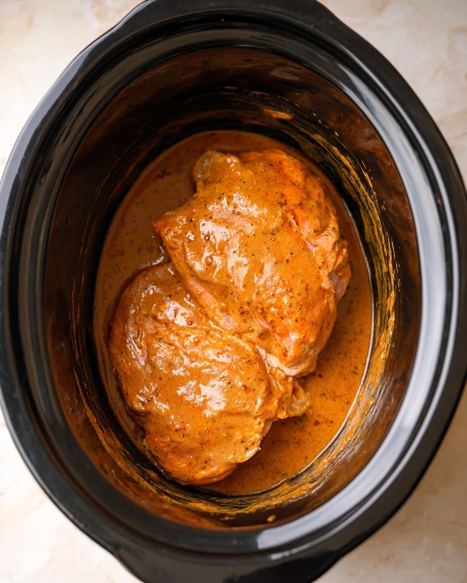 The image shows a close-up of two large pieces of raw chicken covered in a thick, orange-brown sauce, placed inside a black slow cooker pot. The sauce looks creamy with visible spices blended in, coating the chicken evenly. The slow cooker pot has a smooth and shiny inner surface. The setting is on a white marbled texture background. photo taken with an iphone --ar 4:5 --v 7