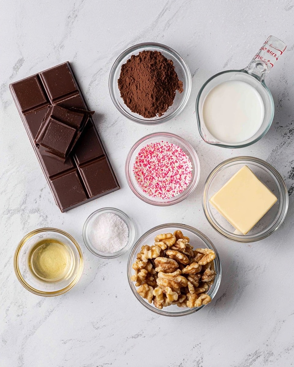 The image shows seven small clear glass bowls arranged on a white marbled surface. Starting from the top left and moving clockwise, the first bowl contains a dark brown powder with a fine texture, the second bowl is a small glass measuring cup filled with white cream, the third bowl holds small round pink and white sprinkles, the fourth bowl contains a small amount of white granulated salt, the fifth bowl has a small amount of golden liquid, the sixth bowl holds a light yellow square piece of butter, and the seventh bowl is filled with uneven pieces of light brown walnuts. A large rectangular dark chocolate bar with two smaller squares placed on top is positioned on the left side. photo taken with an iphone --ar 4:5 --v 7
