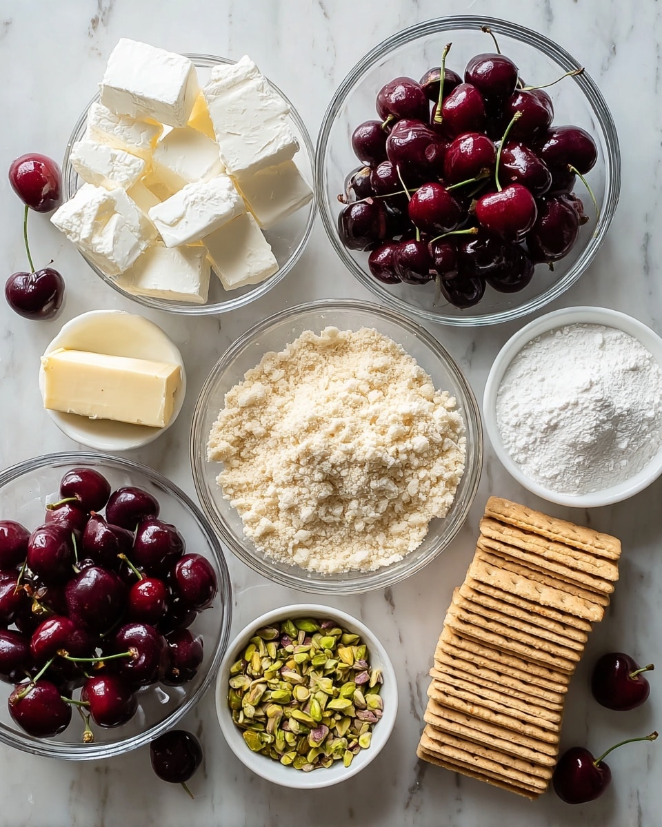 The image shows a white marbled surface with eight clear glass bowls and a white bowl arranged neatly, each holding different ingredients. There are two larger bowls filled with fresh dark red cherries with shiny skins, two medium bowls containing large white chunks of cream cheese and a block of pale yellow butter sitting side by side, one medium bowl filled with light beige almond flour that has a crumbly texture, a smaller bowl with finely chopped bright green pistachios, a small clear bowl with whole pistachio nuts, and a small white bowl filled with white powdered sugar. On the right side, there is a neat stack of square graham crackers with a light brown color. Two loose cherries are placed on the surface near the bowls. The photo taken with an iphone --ar 4:5 --v 7