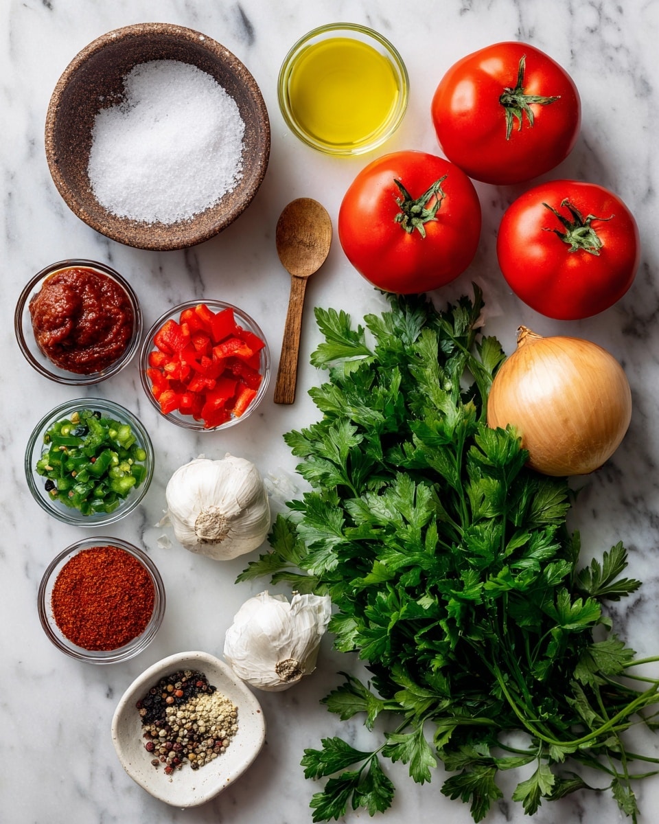 The image shows fresh cooking ingredients laid out on a white marbled surface. At the top right, there are three bright red tomatoes still attached to their green stems. To the right side, a large bunch of green parsley leaves fills a big area. Below the parsley, a whole light yellow onion with a smooth skin is placed next to two whole garlic bulbs with white papery skins. Toward the top left center, there are three small clear glass bowls holding chopped green pepper, chopped red pepper, and a dark red tomato paste, each sitting separately. A small white bowl with bright yellow olive oil is beside them. Above the olive oil, a rustic brown bowl filled with white salt sits with a small wooden spoon inside. Below the olive oil, a small white dish holds a mix of spices in various shades of red, black, and white. The colors are fresh and bright, and everything is arranged neatly across the surface. Photo taken with an iphone --ar 4:5 --v 7