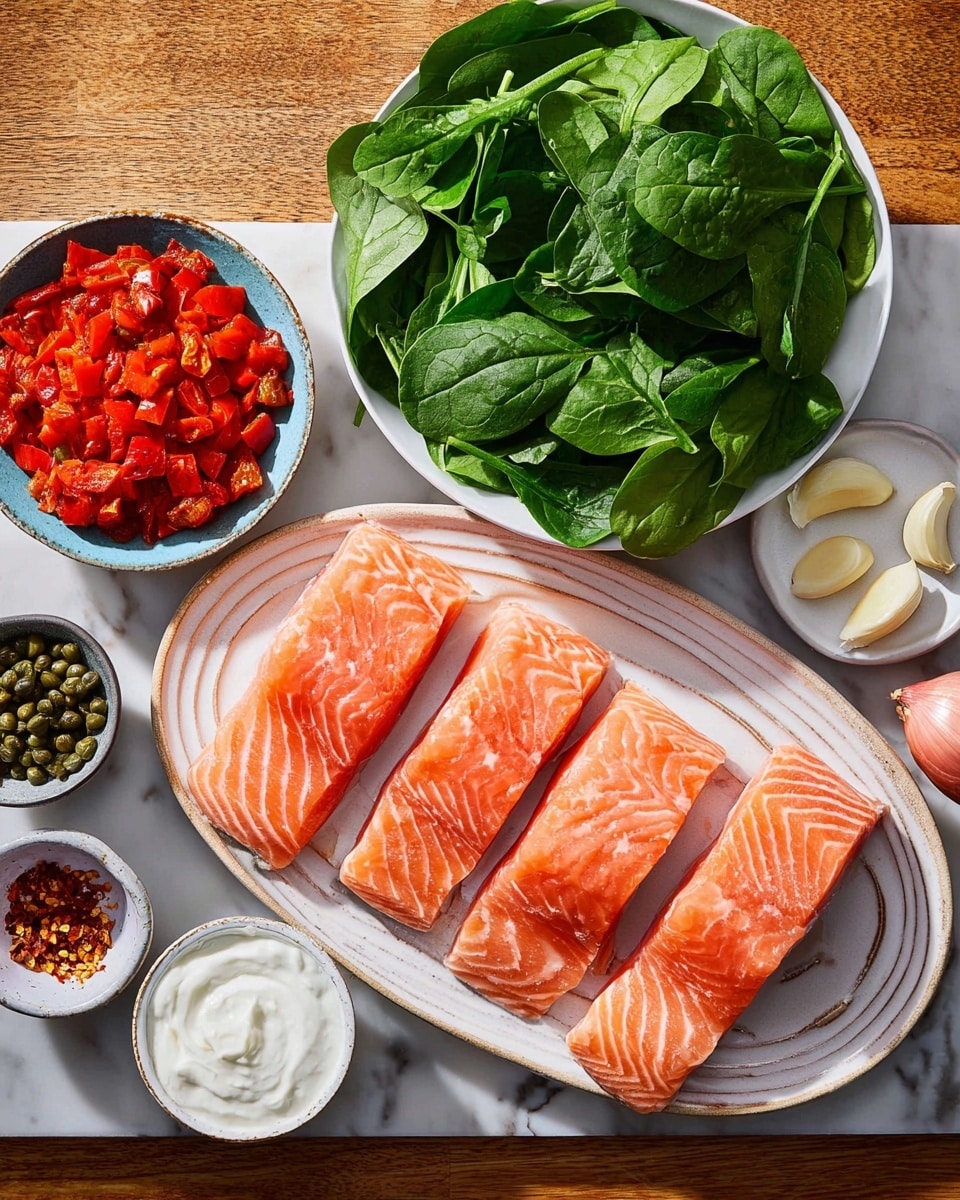 Four raw salmon fillets with light pink color and white lines are placed on a white oval plate with a subtle striped pattern, positioned on a white marbled surface. Nearby, a white round bowl is filled with fresh, bright green spinach leaves that look crisp and leafy. There is a small white bowl with diced roasted red peppers showing a mix of deep red and orange hues, and a small white bowl of thick white sauce with a smooth texture. Around these, there are garlic cloves, a small white bowl with green capers, a tiny dish with red chili flakes, and a whole shallot with a light pinkish-brown outer skin. The overall setup is clean and colorful with natural light highlighting the fresh ingredients photo taken with an iphone --ar 4:5 --v 7