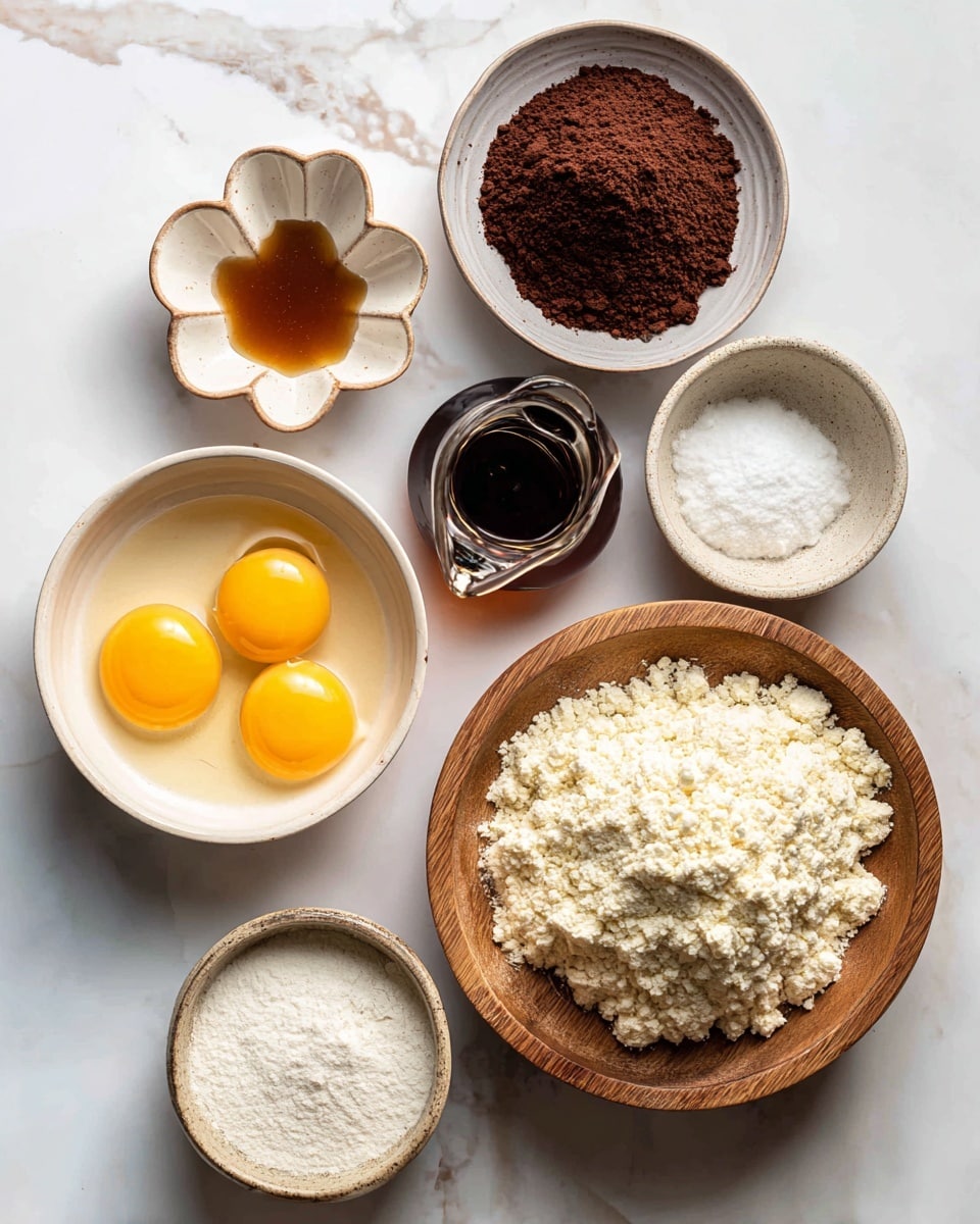 The image shows six small bowls of ingredients arranged on a white marbled surface. Starting from the top left, there is a small flower-shaped bowl with light brown vanilla extract inside. To the right of it is a round bowl filled with dark brown unsweetened cocoa powder that has a slightly cracked texture. Below those, on the left, is a white bowl containing four large eggs with bright yellow yolks and clear egg whites. Next to this is a small clear glass pitcher with dark amber maple syrup. To the right, a large round bowl filled with pale almond flour with a coarse, crumbly texture sits on a round wooden board. Finally, above the large almond flour bowl, there is a smaller white bowl with a bit of white baking soda. The bowls create a neat, visually balanced layout with a variety of textures and soft, natural colors. Photo taken with an iphone --ar 4:5 --v 7