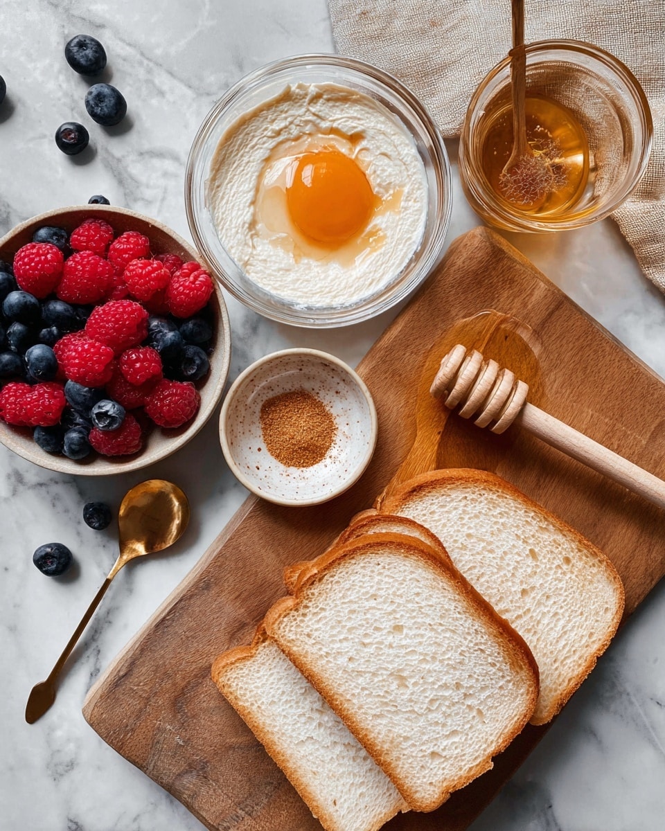 The image shows a light wooden board placed on a white marbled surface, holding several ingredients for a breakfast dish. Three slices of white bread with soft texture and browned edges are at the bottom right. Above the bread, a clear glass bowl contains a thick creamy white layer topped with a bright orange egg yolk. To the top right of the bowl, there is a small clear glass filled with honey and a wooden honey dipper resting beside it, spreading a bit of honey on the board. Near the center, there is a small light ceramic bowl with brown powdered spice and a brass spoon inside. To the left on the marble surface, there is a white bowl filled with fresh red raspberries and deep blue blueberries, with some berries scattered around. photo taken with an iphone --ar 4:5 --v 7