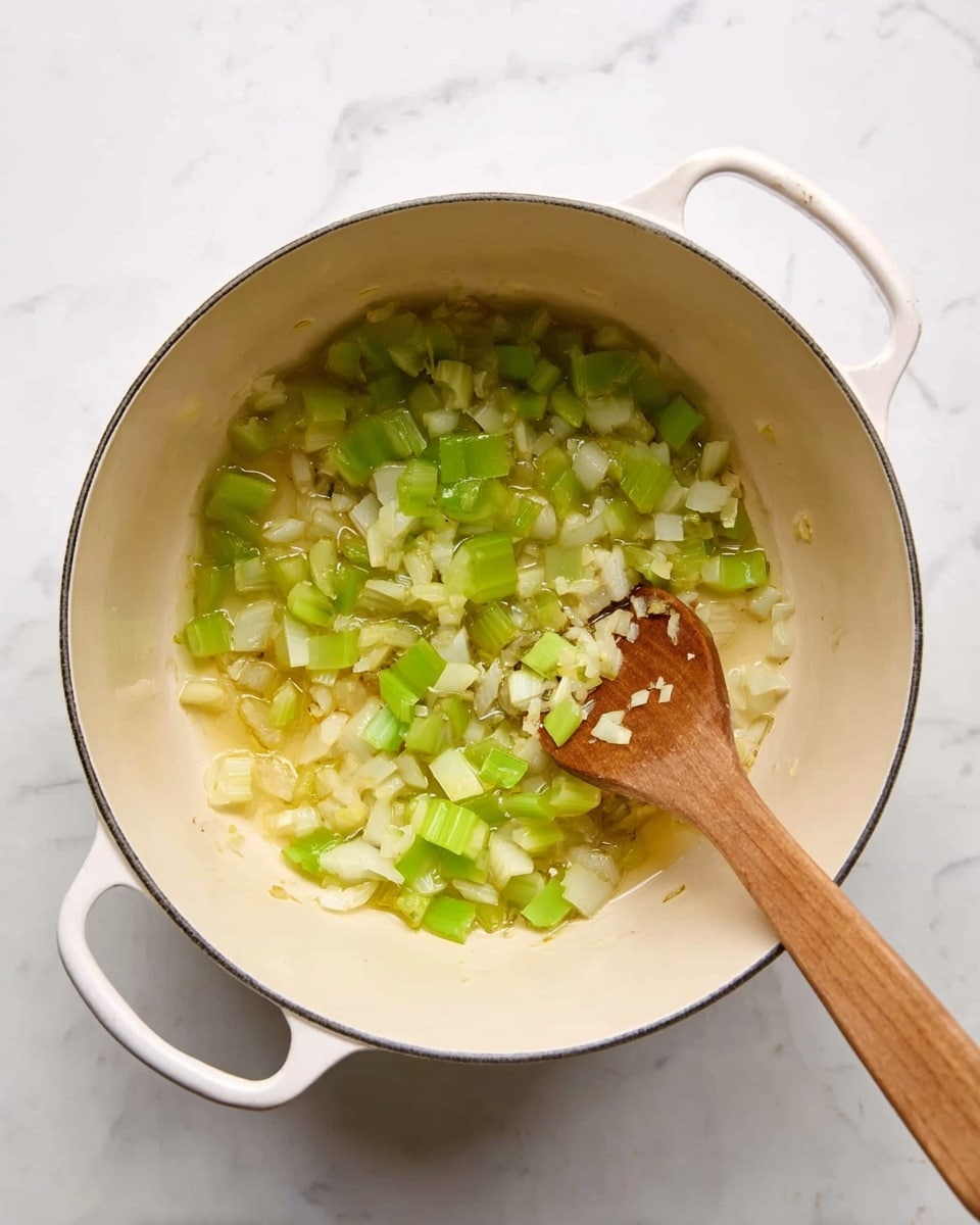 A top view of a white pot with two handles, placed on a white marbled surface, containing diced pale yellow onions and bright green celery being cooked in a thin layer of oil or butter. A wooden spoon with small bits of onion rests inside the pot on the right side, mixing the ingredients. The textures of the vegetables are soft and slightly shiny from the cooking process. Photo taken with an iphone --ar 4:5 --v 7