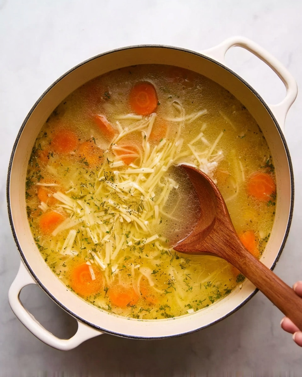 This image shows a white pot filled with clear soup with orange carrot slices, pale yellow noodles, and light green herbs floating in light golden broth. The pot rests on a white marbled surface, and a wooden spoon with a woman's hand holding it dips into the soup on the right side of the pot. The soup looks warm and soft with gentle steam rising from it. photo taken with an iphone --ar 4:5 --v 7