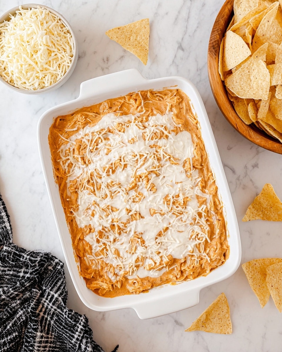 A white baking dish filled with shredded chicken mixed with a smooth, light orange sauce, topped with a creamy white layer spread unevenly across the top. Around the dish, to the left, is a white bowl filled with shredded white cheese. Above the baking dish, there are several triangular, crispy light beige tortilla chips, and to the right side, a light wooden bowl full of more tortilla chips. The whole scene is set on a white marbled surface with a black and white checked cloth partially visible at the bottom left corner. Photo taken with an iphone --ar 4:5 --v 7