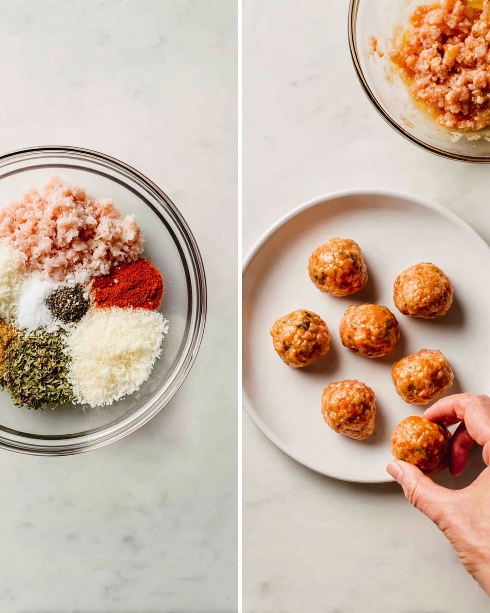 The left side shows a clear glass bowl on a white marbled surface, filled with different ingredients arranged in separate sections: raw light pink ground meat, white grated cheese, red powder, black pepper, and green herbs. On the right side, a white plate holds seven orange-brown meatballs neatly placed in an organized pattern. A woman's hand is holding and shaping one meatball over the plate, with a clear glass bowl of mixture visible in the background. Photo taken with an iphone --ar 4:5 --v 7