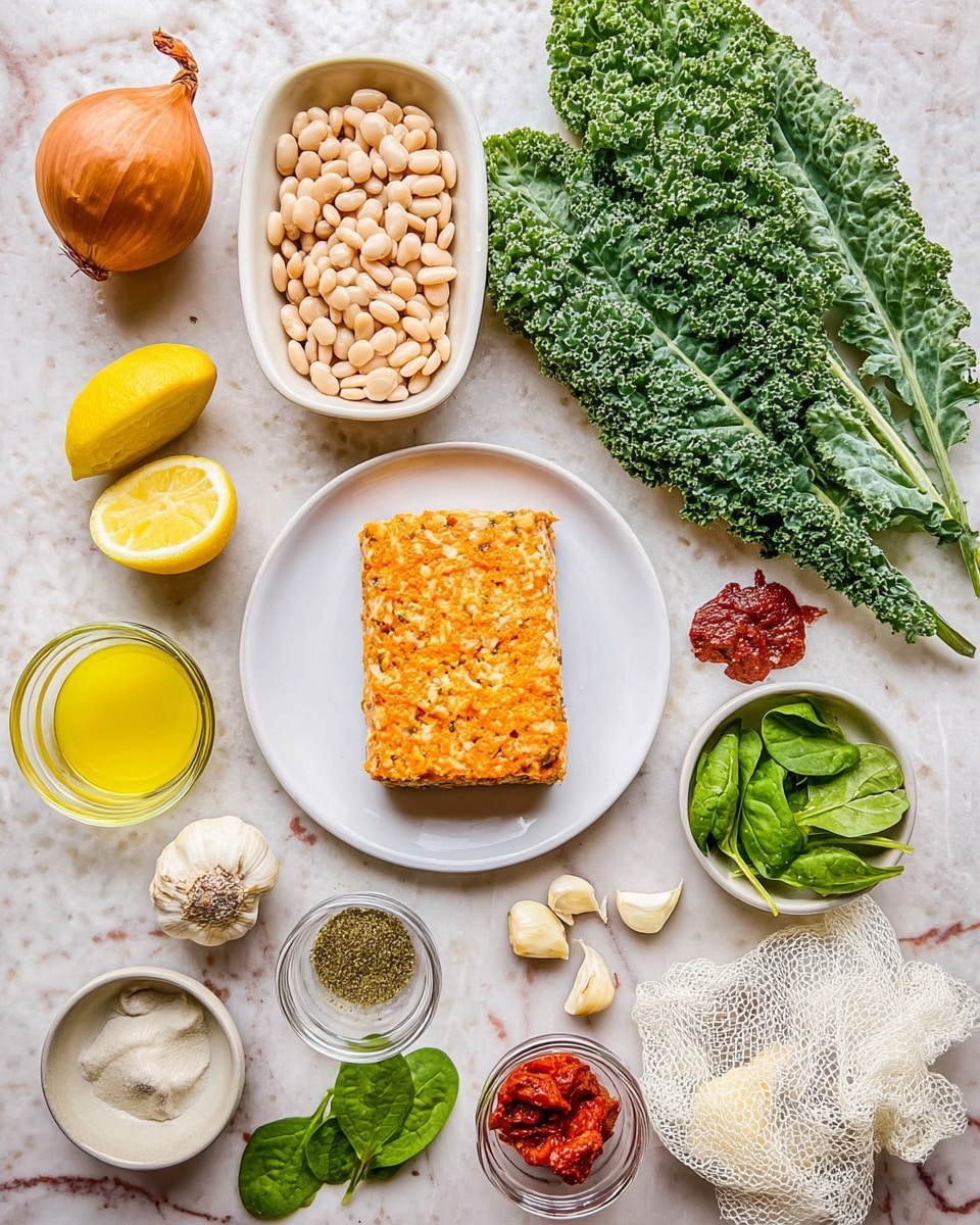 The image shows a spread of raw ingredients on a white marbled surface, arranged neatly. In the center, there is a white plate with a rectangular block of orange and white textured mixture. Above and slightly to the left is an oblong white dish filled with pale beige beans. To the right of the beans is a bunch of fresh curly green kale leaves over a white mesh bag. Below the kale are two small round bowls: one with bright yellow oil and the other with a white creamy liquid. Above and to the left of the beans is an orange onion and a whole yellow lemon. Scattered around are garlic cloves, a small glass bowl of red paste, a tiny brown bowl of greenish powder, a small pile of green leafy herbs, fresh spinach leaves, a small round dish with chopped red pieces, and a clear bowl holding off-white powder. photo taken with an iphone --ar 4:5 --v 7