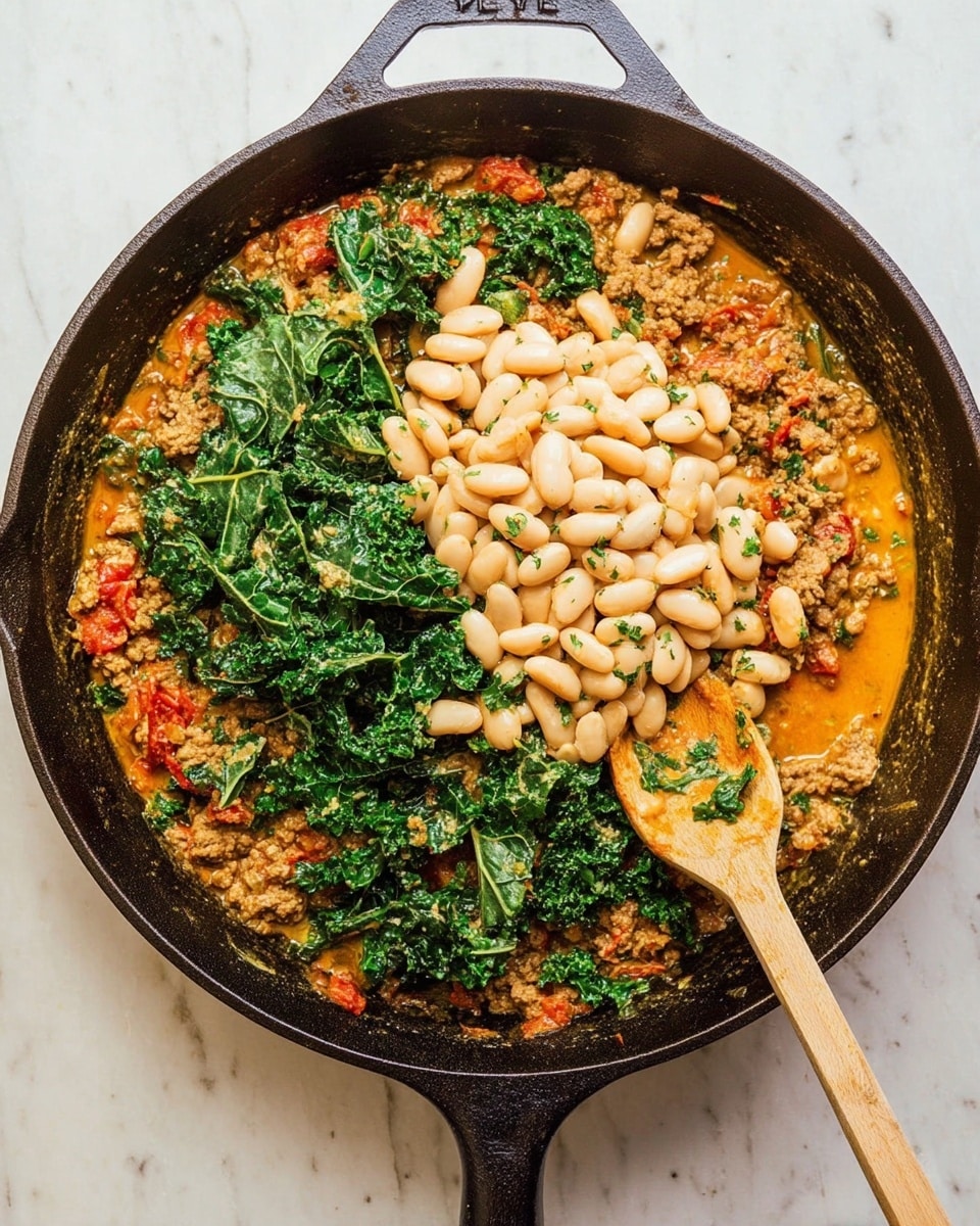 The image shows a black cast iron skillet filled with a mix of cooked ground meat, bright green kale, and small pieces of red tomatoes in a light orange sauce. On top, there is one big pile of beige white beans, covering much of the center. A wooden spoon with some sauce and bits of herbs on it is resting inside the skillet, near the beans and greens. The skillet is placed on a white marbled surface. photo taken with an iphone --ar 4:5 --v 7