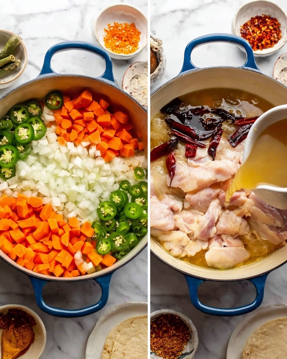 The image shows two views of a white, enameled cooking pot with blue handles on a white marbled surface. In the left image, the pot is filled with three layers: the bottom layer is white diced onions, the middle layer is chopped bright orange carrots, and the top layer has sliced green jalapeños scattered on top. In the right image, the pot contains the same vegetable layers, but now topped with raw pale pink chicken pieces and several dark dried chili peppers, while broth is being poured over the contents from the right side. Around the pot, there are small bowls with various ingredients and a folded tortilla nearby. Photo taken with an iphone --ar 4:5 --v 7