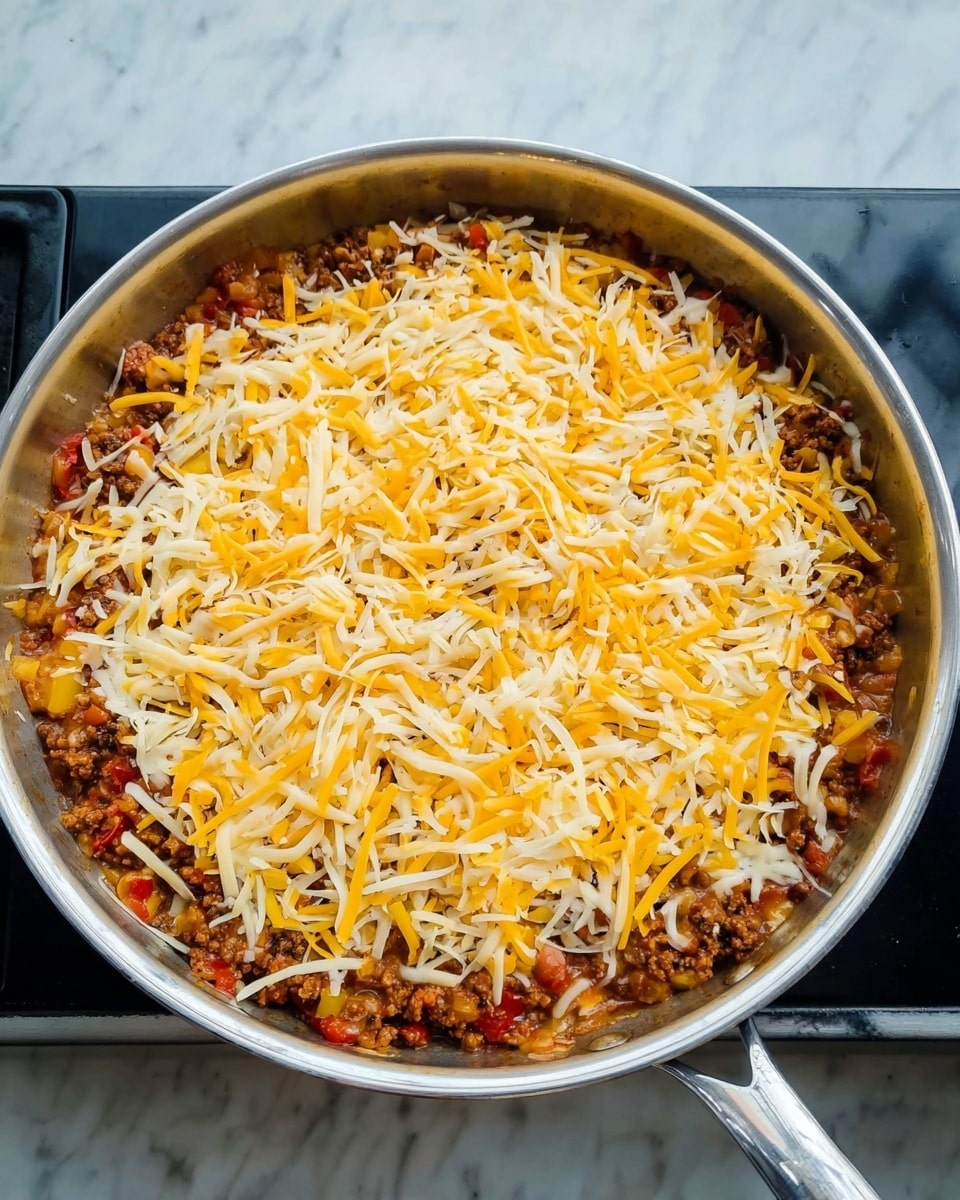 The image shows a large silver pan on a stove with a dish inside that has three visible layers. The bottom layer looks brown and chunky, possibly cooked ground meat. The middle layer is a mix of small red and yellow pieces, likely chopped vegetables or sauce. The top layer is covered with a generous amount of shredded yellow and white cheese, loosely spread across the surface. The pan handles are long and silver, and the background shows a white marbled texture beneath the stove area. Photo taken with an iphone --ar 4:5 --v 7