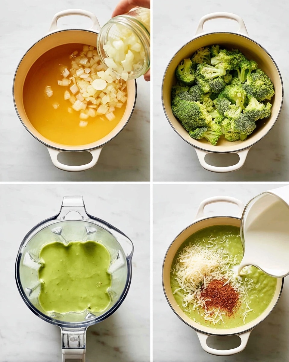 The image shows four photos arranged in a 2x2 grid, all featuring cooking in a white pot with handles on each side against a white marbled surface. The first photo in the top left shows a white pot with a yellow-orange liquid and diced onions being poured in from a jar. The second photo in the top right shows the same pot now filled with green broccoli florets in a broth. The third photo in the bottom left shows a blender with a smooth bright green mixture inside. The fourth photo in the bottom right shows the white pot filled with the green blended mixture, topped with shredded white cheese and a small pile of reddish-brown powder, while a white liquid is being poured in from a clear small jug. photo taken with an iphone --ar 4:5 --v 7