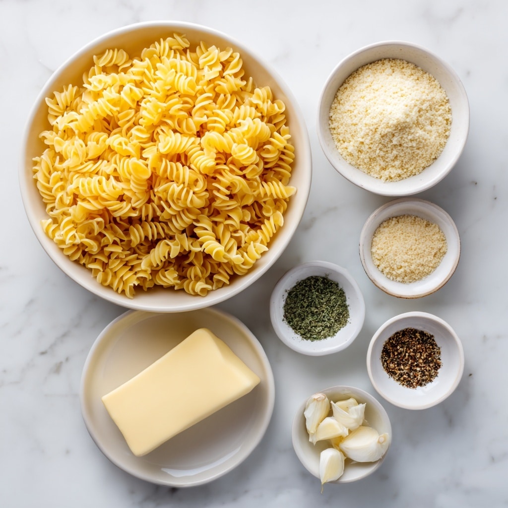 In this image, there are five white bowls and plates arranged on a white marbled surface. The largest bowl at the top left is filled with bright yellow cavatappi pasta, showing a dense layer of small, curved pasta pieces with a smooth texture. To the right of it, a smaller bowl contains a pale off-white layer of fine breadcrumbs with a grainy texture. Below the pasta bowl, a white plate holds two pieces of butter, one long and rectangular and the other smaller, both smooth and pale yellow. To the right of the butter plate, a small white bowl holds a mix of spices arranged in four different sections, varying in colors from green to black, white, and brown. At the bottom right, a tiny white bowl contains finely minced garlic, light beige with a slightly chunky texture. The background is white marble, and the setup looks clean and organized for cooking photo taken with an iphone --ar 4:5 --v 7