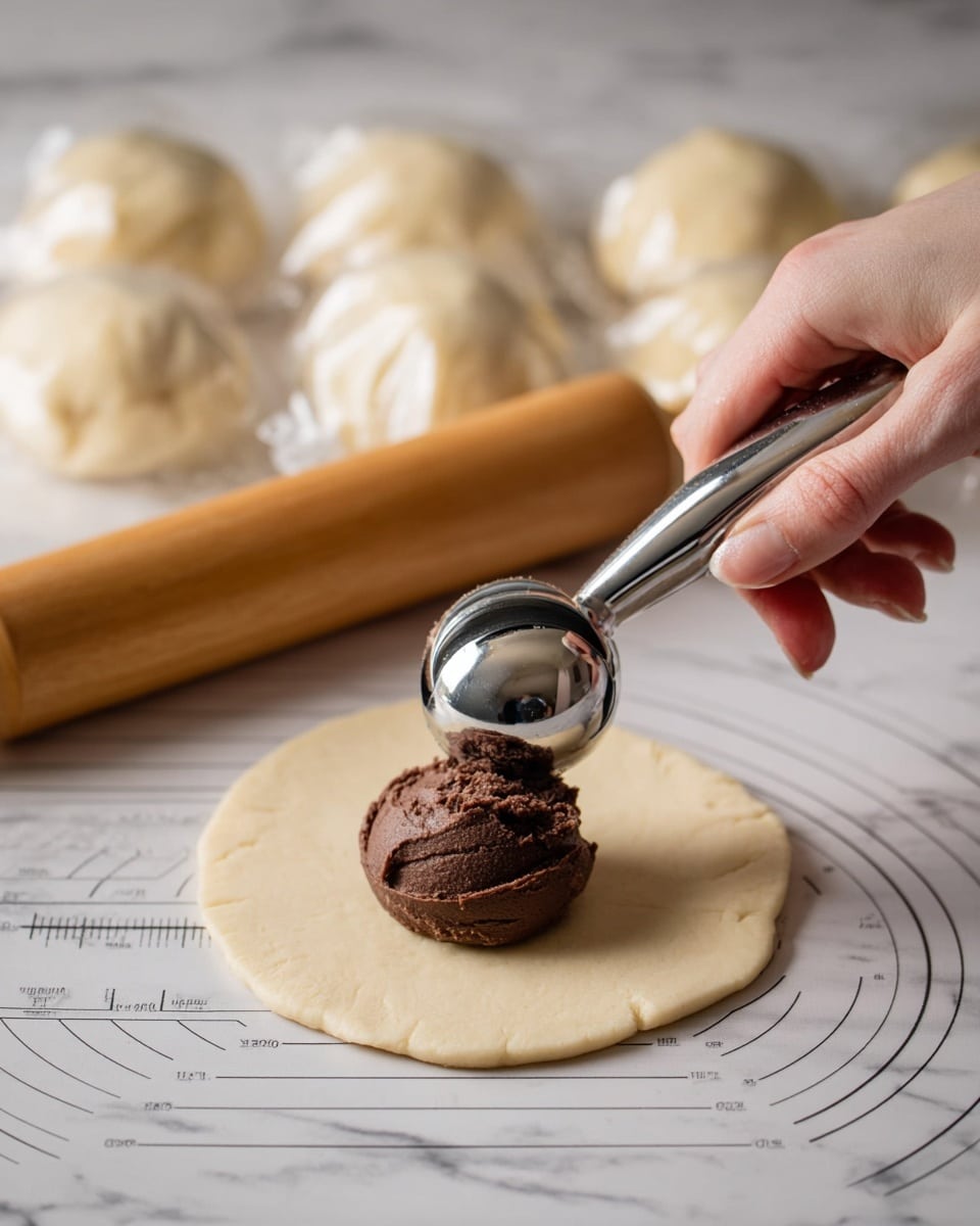 A woman's hand holds a small, round, flat piece of pale dough, slightly stretched, with a smooth texture. On top of the dough is a large scoop of dark brown chocolate filling with a thick, dense look. Another woman's hand is using a shiny silver ice cream scooper to put the filling on the dough. In the background, there is a wooden rolling pin and several dough balls wrapped in plastic on a white marbled surface with circular measurement marks. The lighting is bright, showing clear details of the dough and filling. photo taken with an iphone --ar 4:5 --v 7