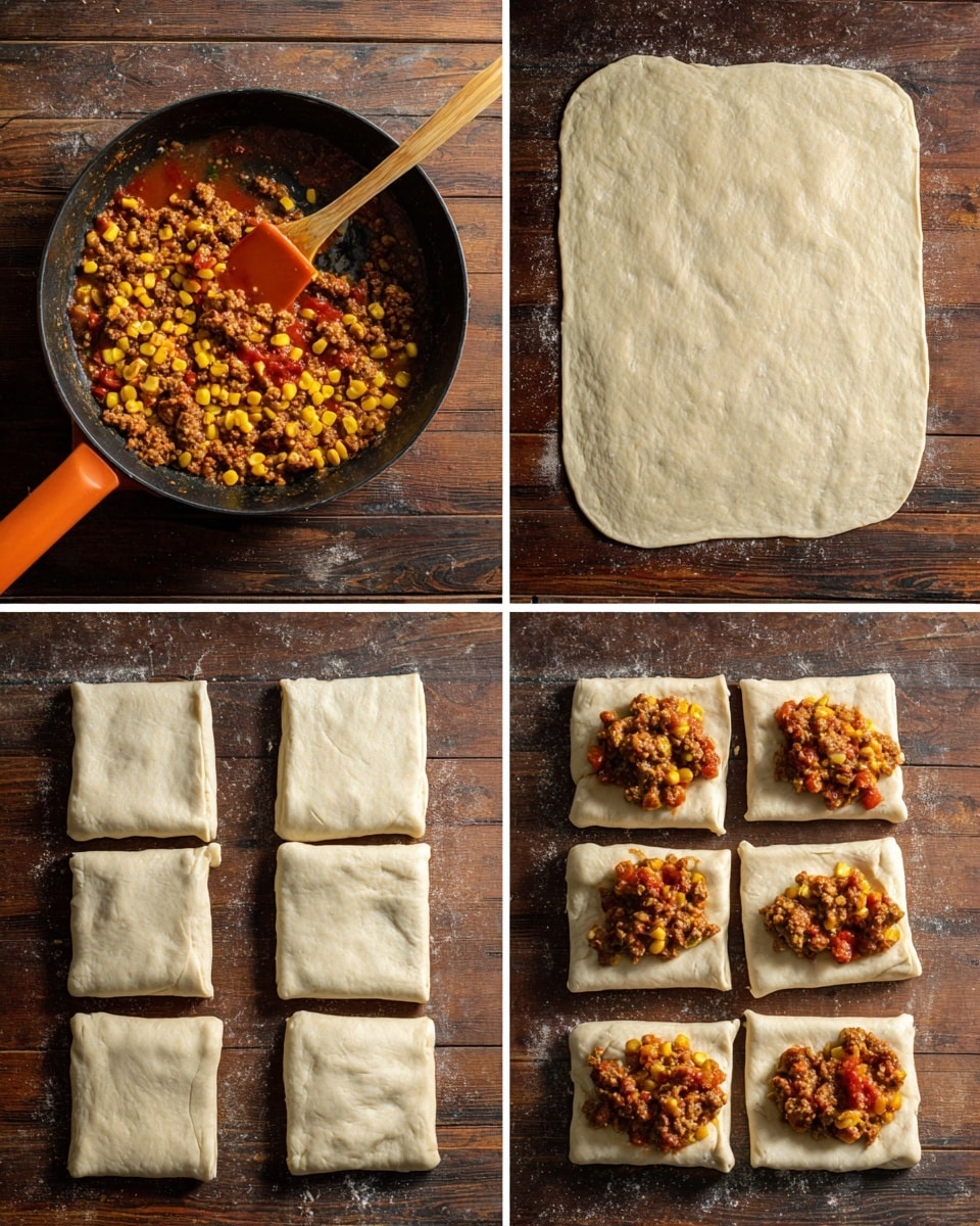 The image shows four steps of making a stuffed pastry. In the first step, cooked meat, yellow corn, and red tomato sauce mix together in a black pan with an orange spoon. The second step shows a large, light beige flat dough sheet with slight texture on a dark wooden surface. The third step has the dough divided into four long rectangular pieces arranged in two rows of two on the same wood surface. In the fourth step, each dough rectangle has a mound of the meat, corn, and tomato mixture placed in the center. Photo taken with an iphone --ar 4:5 --v 7