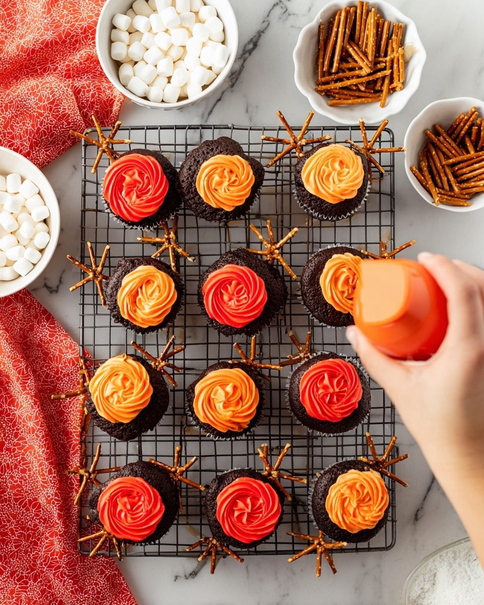 The image shows twelve dark chocolate cupcakes arranged on a black cooling rack sitting on a white marbled surface. Each cupcake has thin pretzel sticks sticking out from the sides like spider legs. Four cupcakes are topped with two-color swirled frosting in bright orange and red, applied in a smooth, rose-like spiral pattern. The other cupcakes have just the base layer of orange-red frosting around the pretzel sticks. A woman's hand is squeezing a piping bag of orange and red mixed frosting to decorate one cupcake. Surrounding the cupcakes are white bowls filled with small white marshmallows, thin pretzel sticks, and two more bowls of smooth orange and red frosting. A red patterned cloth is partially visible in the bottom left corner. Photo taken with an iphone --ar 4:5 --v 7