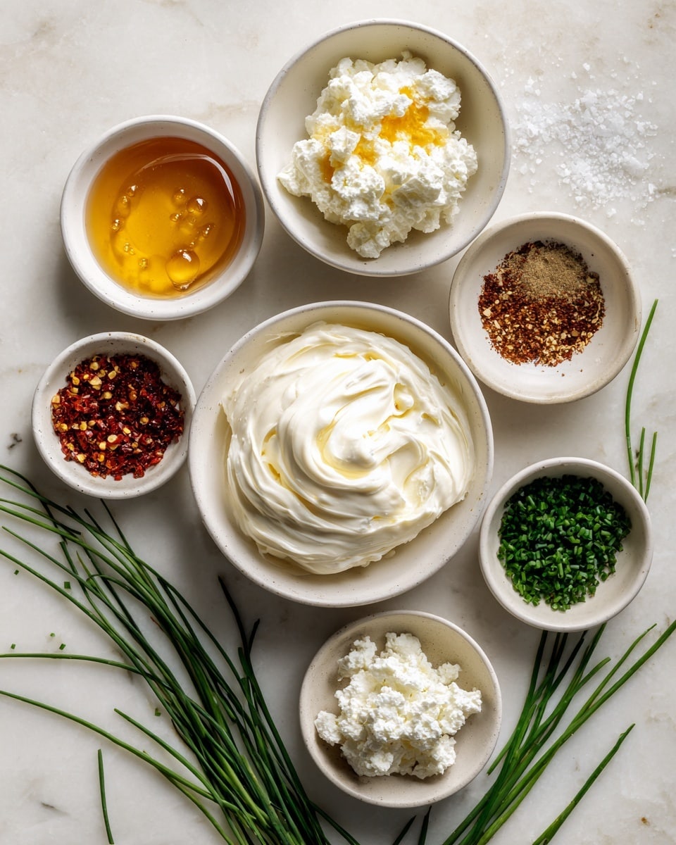 The image shows nine small round white bowls placed on a white marbled surface. The largest bowl in the center contains thick, smooth cream cheese with a soft, swirled texture in white color. Surrounding it, the top left bowl holds clear golden honey with a shiny surface. To the right of the honey, another bowl has fine ground spices in light brown and dark red colors, mixed together. Below that, a bowl is filled with crushed red pepper flakes in bright red with yellow seeds. Below the pepper flakes, a small bowl contains finely chopped green chives. Another small bowl below the center holds more finely chopped green chives but in slightly bigger pieces. To the left of this bowl, a white bowl contains clumped white ricotta cheese. Above that, a bowl holds white cottage cheese with golden liquid drizzled on top. Finally, fresh green long chives lie flat on the marble next to the bowls, with some coarse white salt sprinkled nearby. Photo taken with an iphone --ar 4:5 --v 7