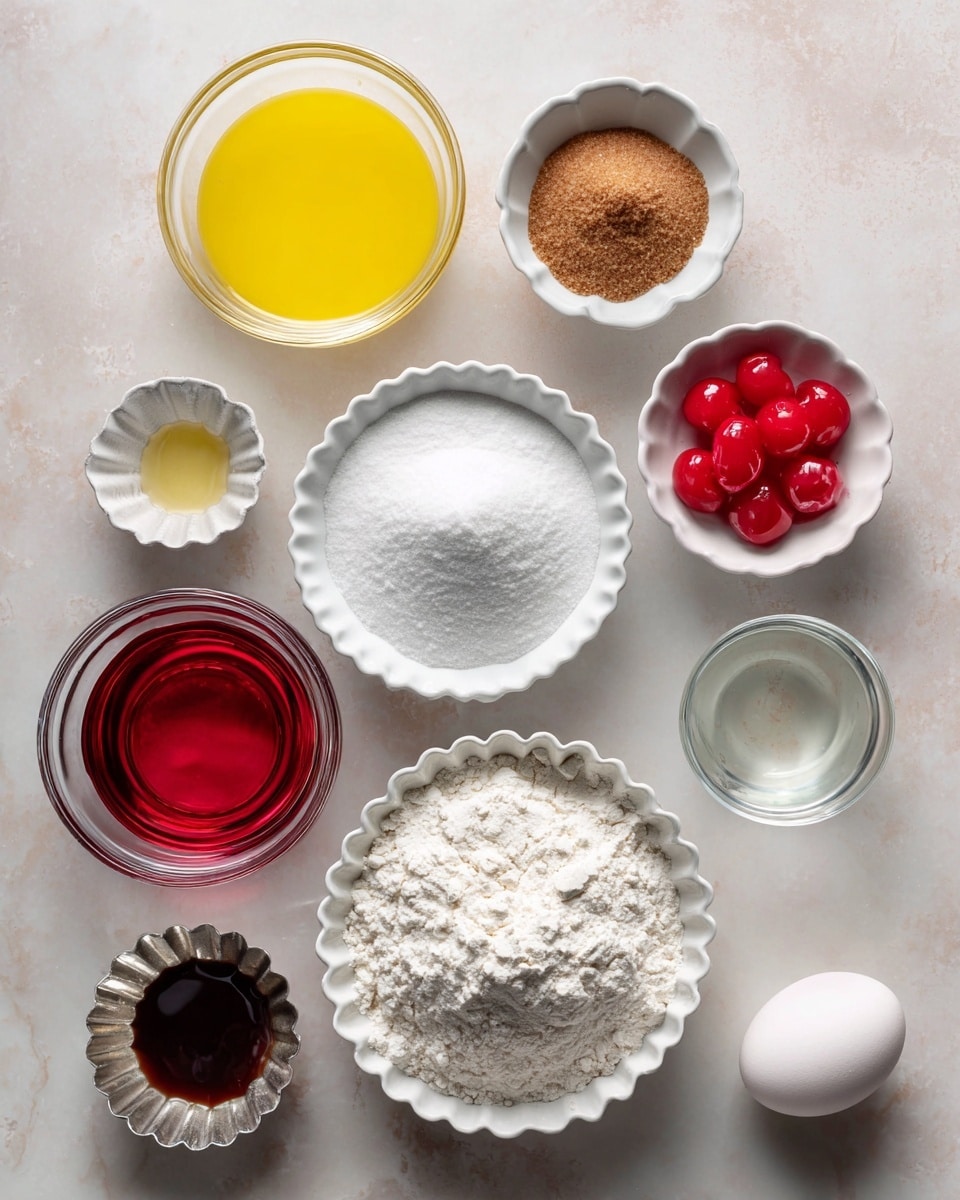 A flat lay of baking ingredients on a white marbled surface featuring ten separate containers. Starting top left, there is a clear bowl filled with bright yellow melted unsalted butter. To the right, a small white bowl holds soft, loose brown sugar. Below that, a small clear glass bowl contains deep pink maraschino cherry juice. In the center, a scalloped white bowl is filled with white granulated sugar. Below that, a large clear bowl contains white all-purpose flour. To the left, a small fluted silver cup has a small amount of almond extract. Next to it is a clear glass bowl with vinegary liquid. A white large egg sits to the right of the vinegar. Below the egg, a small fluted silver cup contains white baking soda. To its left, a small bowl with a white interior holds bright red maraschino cherries. A small pile of kosher salt is between the baking soda and the vinegar cup. The light is soft and even. photo taken with an iphone --ar 4:5 --v 7