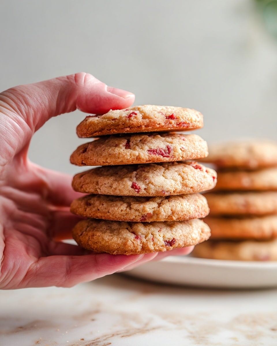 A woman’s hand holds a stack of five round cookies, each about the same size with a golden-brown color. The cookies have visible red chunks scattered throughout, creating a speckled look. The texture of the cookies appears soft and slightly bumpy, with a light crisp edge. The background features a white marbled texture with a blurry stack of similar cookies on a white plate. Photo taken with an iphone --ar 4:5 --v 7