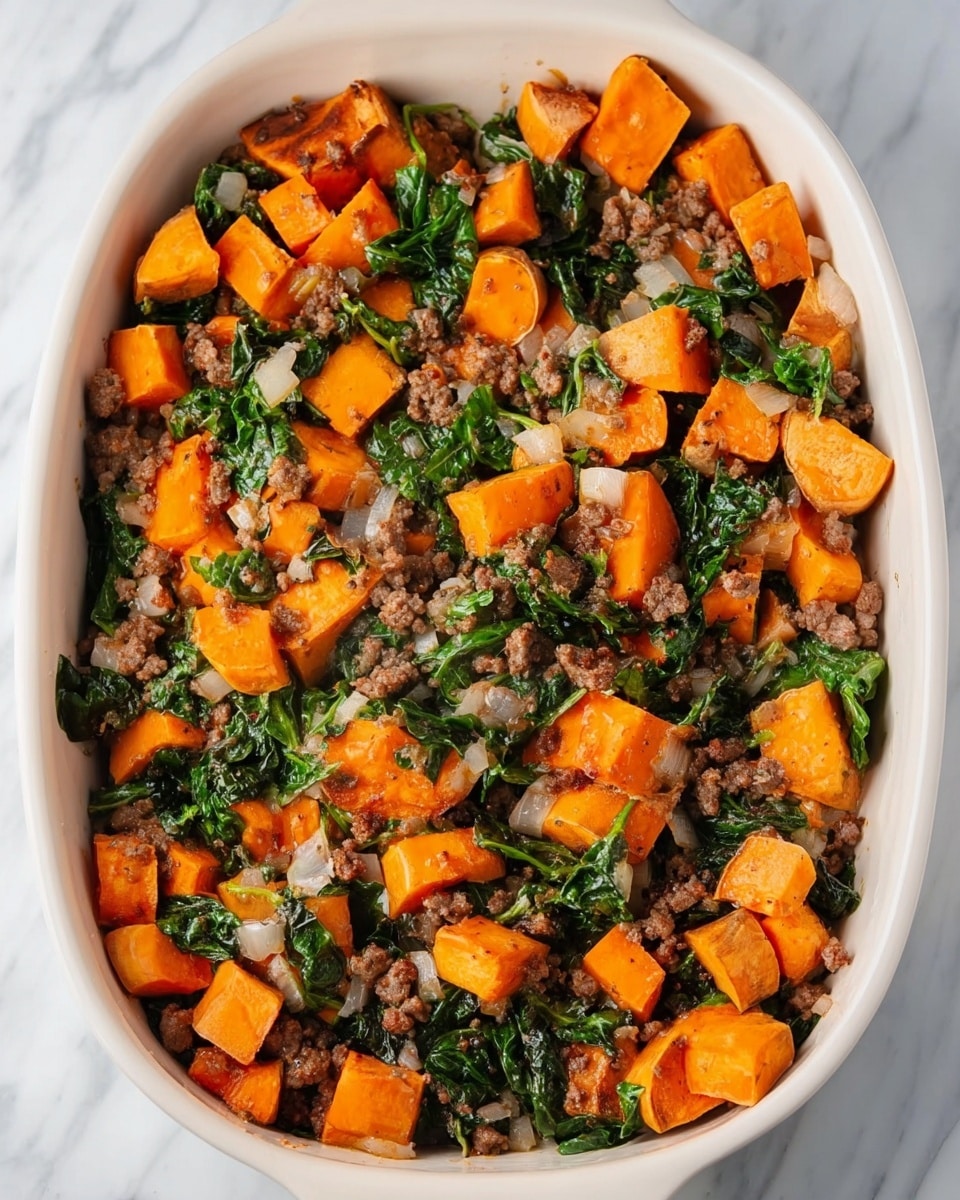 The image shows a white ceramic dish filled with one main layer of cooked food consisting of bright orange sweet potato chunks, dark green wilted spinach, small pieces of browned ground meat, and translucent cooked onion bits mixed evenly throughout. The sweet potatoes have their skin on and are cut into medium-sized chunks with a soft texture. The ground meat is finely crumbled and browned, scattered evenly between the vegetables. The spinach leaves are vibrant and slightly glossy, contrasting with the soft orange cubes and meat. The dish is placed on a white marbled surface with steam rising slightly, suggesting it is warm. photo taken with an iphone --ar 4:5 --v 7